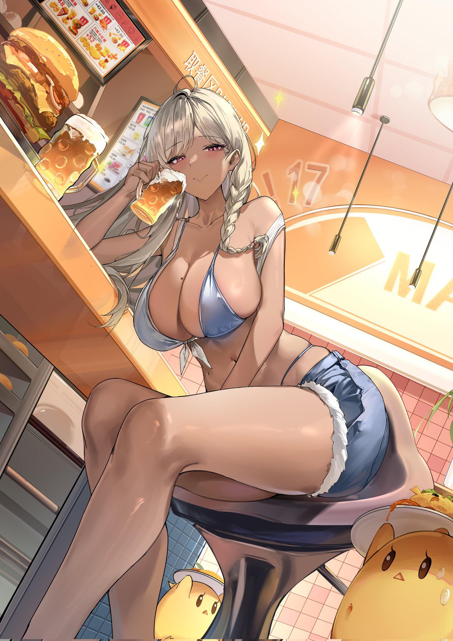 ahoge, alcohol, atelier (series), azur lane, bar (place), bare shoulders, beer, beer mug, bikini, blonde hair, blue bikini, blue shorts, blush, braid, breasts, burger, cg, cleavage, closed mouth, collarbone, cup, cutoffs, dark skin, dark-skinned female, denim, denim shorts, feet out of frame, female, food, holding, holding cup, indoors, large breasts, long hair, looking at viewer, manjuu (azur lane), mug, navel, nina friede, nina friede (cafe & diner mode) (azur lane), red eyes, short shorts, shorts, sitting, smile, solo, stomach, stool, swimsuit, tan, thighs, twin braids