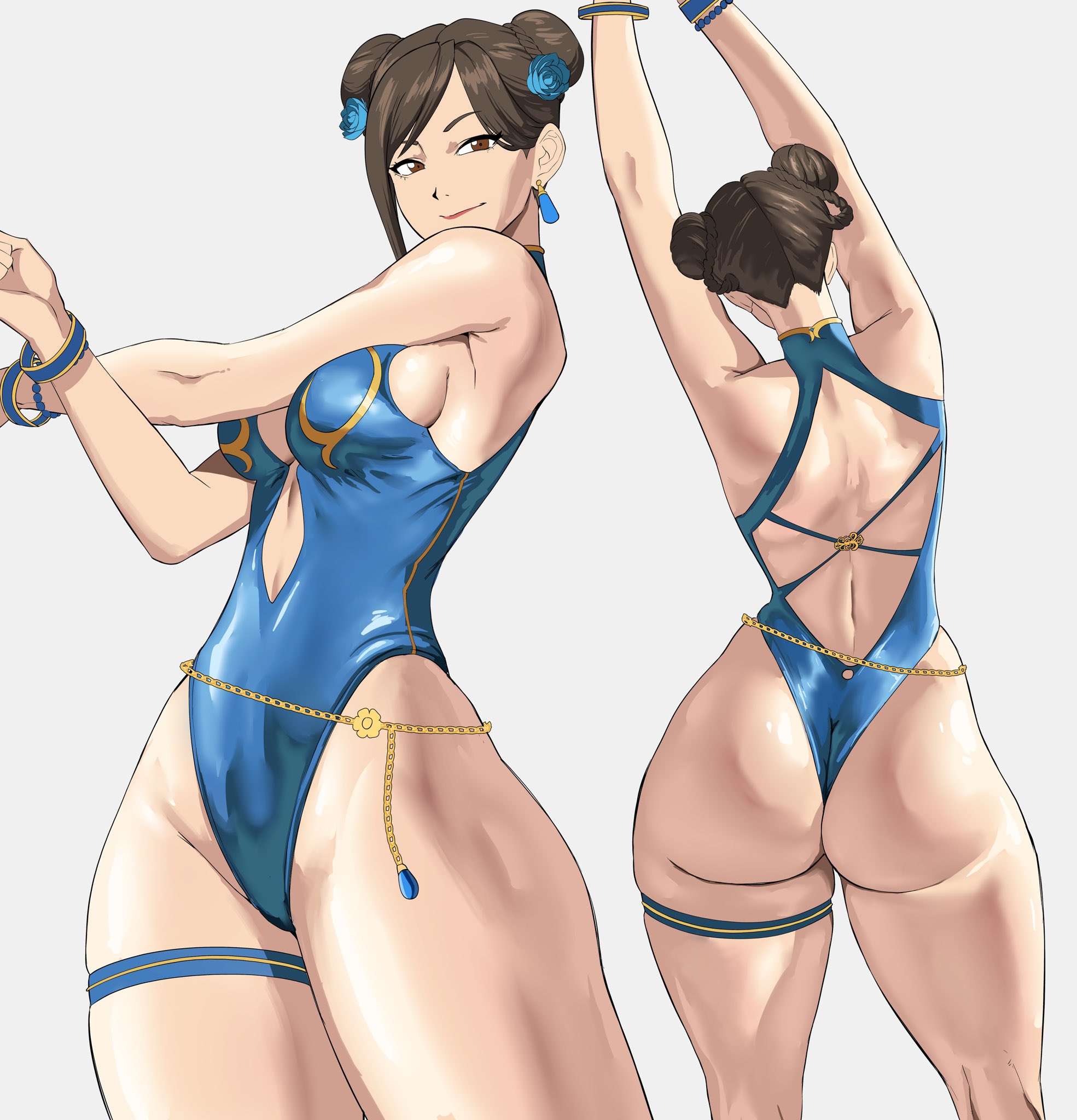 1girls, arms up, ass, big ass, breasts, brown hair, chun-li, double bun, fat ass, female, female only, front view, huge ass, large ass, looking at viewer, octavius dp, one-piece swimsuit, rear view, smile, solo, street fighter, street fighter 6, stretching, swimsuit, thick ass, thick thighs, white background, wide hips