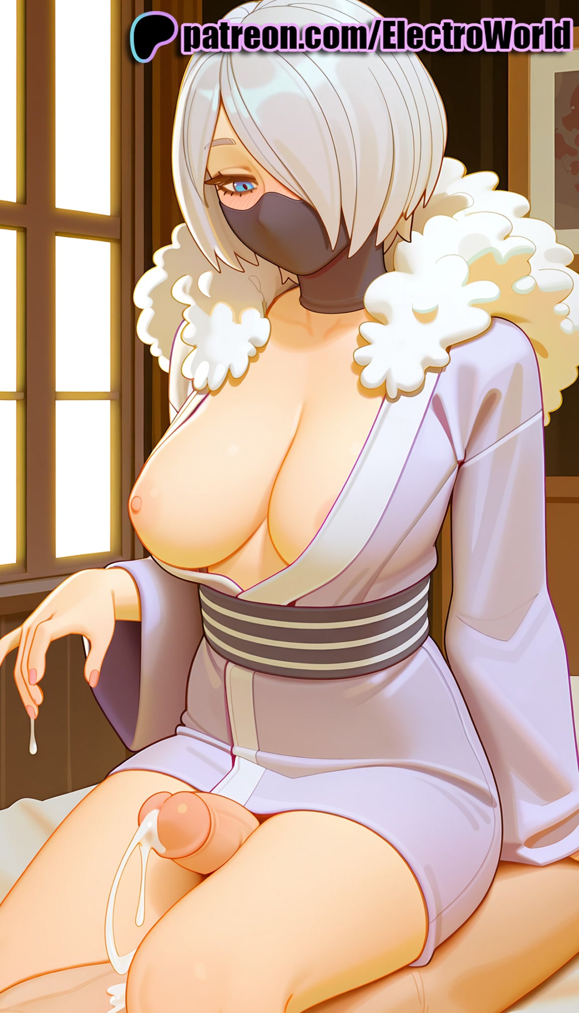 1boy, 1girls, 2025, ai generated, artist name, big breasts, big chest, blue eyes, boku no hero academia, breasts, bust, busty, chest, cock, cum, dick, ejaculation, electroworld, female, fur collar, fur trim, hair over one eye, hi res, high quality, high resolution, highres, large breasts, male, mask, my hero academia, patreon, patreon username, penis, reiko yanagi, short hair, sitting, stable diffusion, uncensored, watermark, white hair, white-haired female