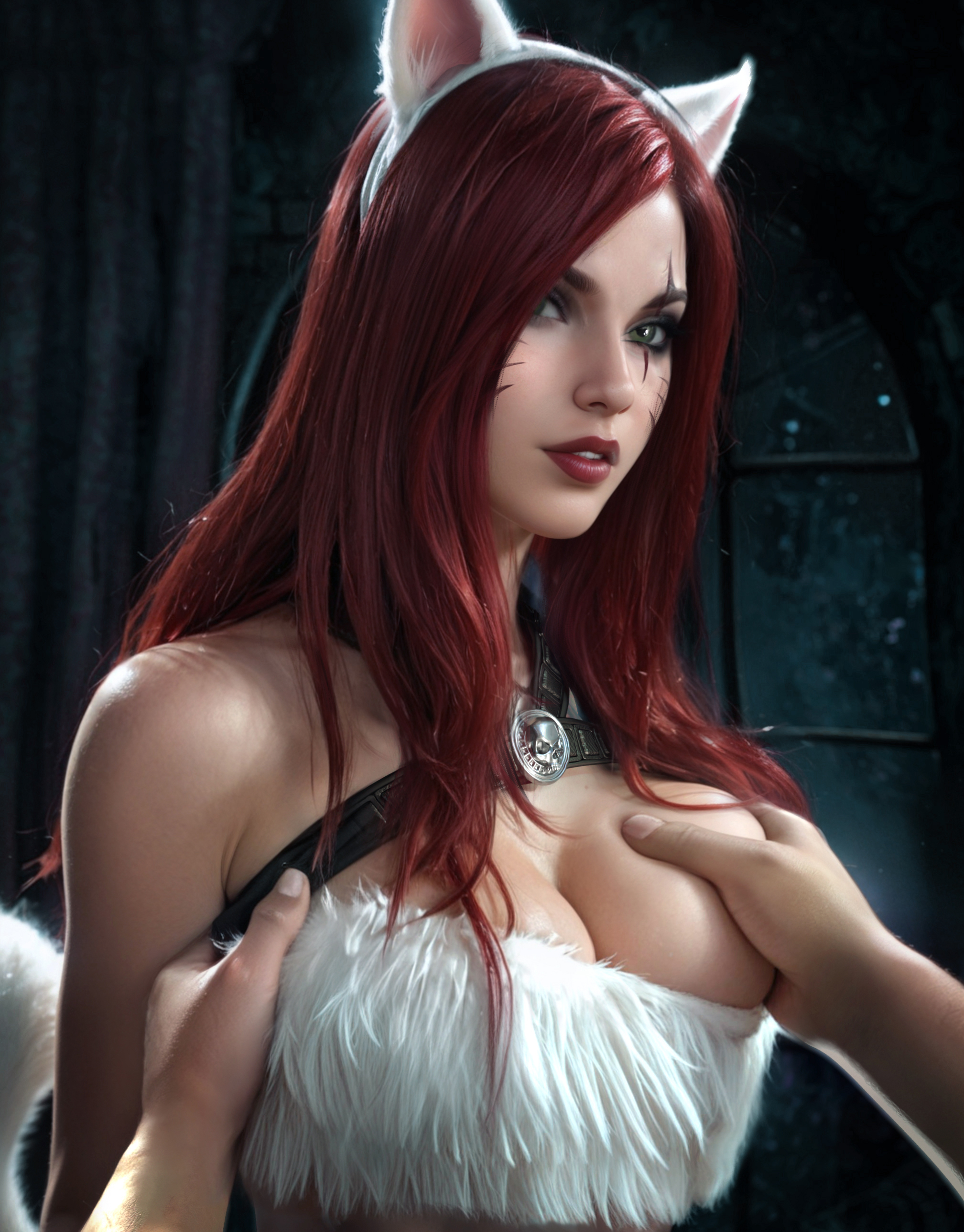 1boy, 1girls, 3d, breast grab, breasts, cat ears, cat girl, cat tail, catgirl, clothed, clothed female, covered nipples, female, green eyes, katarina du couteau, kitty cat katarina, league of legends, light skin, light-skinned female, light-skinned male, lipstick, looking at viewer, makeup, male, male pov, one breast out, red hair, red lipstick, riot games, scar, scar across eye, scar on face, sevenbees, tagme, tubetop, whisker markings
