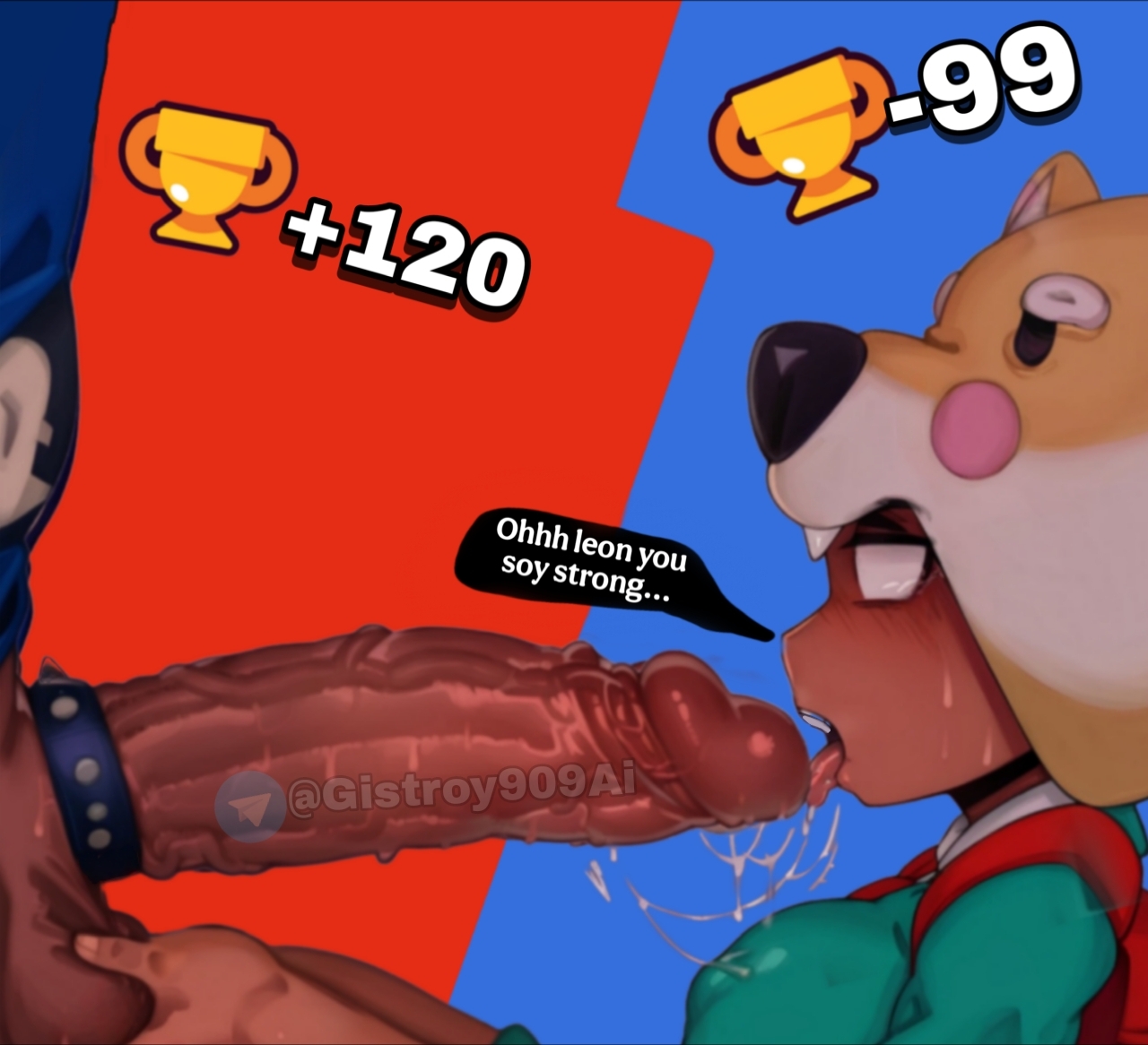1boy, 1girls, ai generated, big dick, big penis, blowjob, brawl stars, cum, dark-skinned male, female, incest, large penis, leon (brawl stars), male, nita (brawl stars), penis, shiba nita, slobber, straight