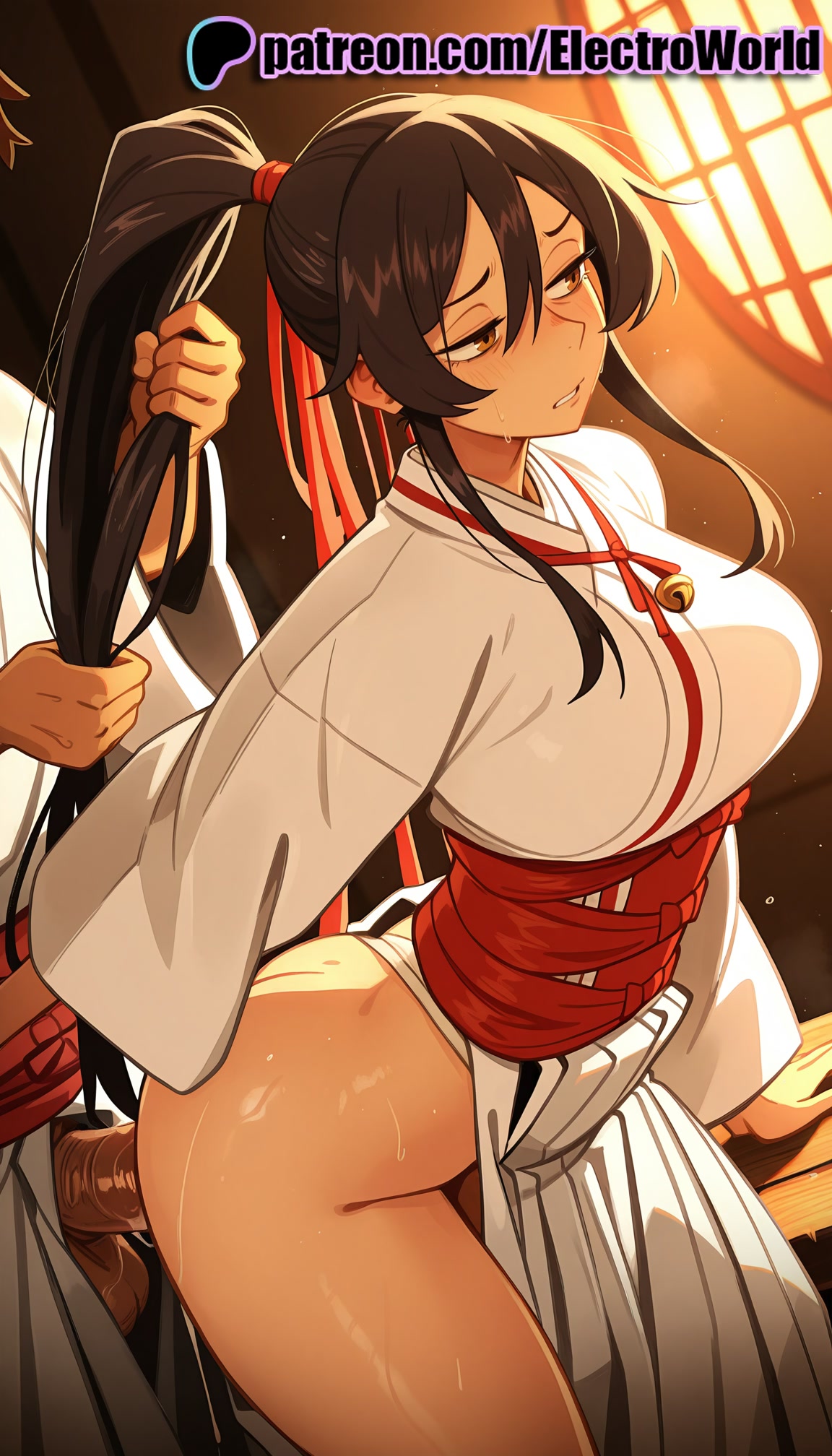 1boy, 1girls, 2025, ai generated, artist name, blush, breasts, brown eyes, bust, chest, clothed sex, cum, electroworld, female, fucking, grabbing another's hair, hi res, high quality, high resolution, highres, intercourse, japanese clothes, jigokuraku, long hair, love making, male, patreon, patreon username, penetration, sex, sex from behind, sexual intercourse, stable diffusion, straight, sweat, watermark, yamada asaemon sagiri