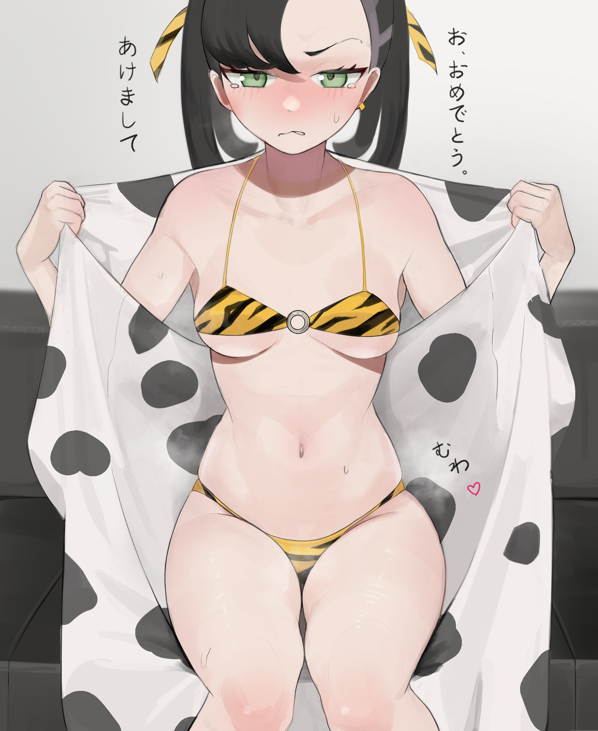 1girls, 2022, angry, asymmetrical hair, blush, blushing profusely, breasts, embarrassed, female, female only, gatchan, goth, green eyes, hair ornament, hi res, indoors, japanese text, marnie (pokemon), medium breasts, new year, nintendo, petite, pokemon, pokemon ss, short hair, simple background, slim waist, small breasts, steam, steaming body, text, thighs, tiger print, tiger print bikini, translation request, twintails, undressing, year of the tiger