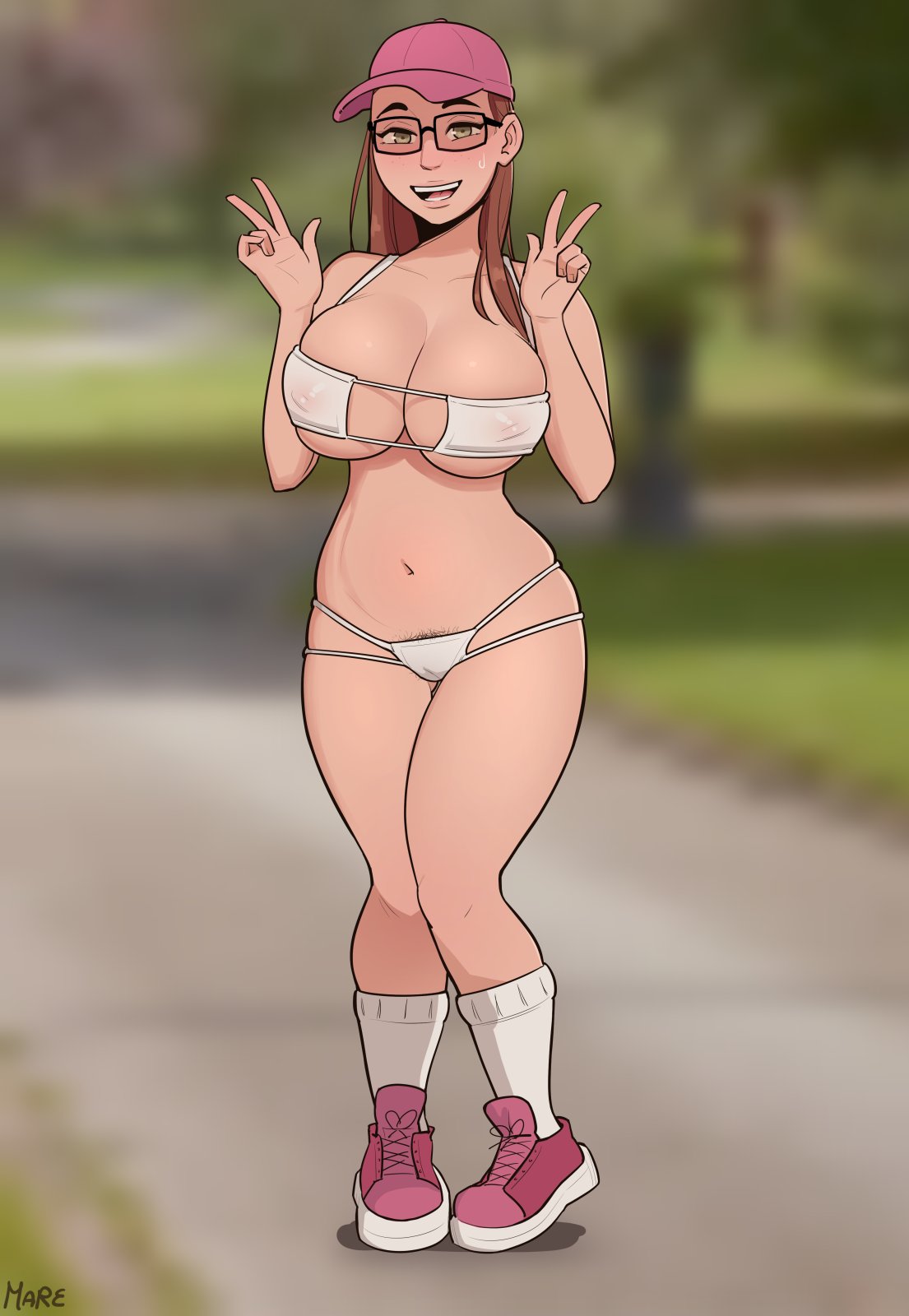 1girls, big breasts, breasts, child bearing hips, female, female only, glasses, huge breasts, large breasts, looking at viewer, mare ten, nipple bulge, panties, pubic hair, solo, v, wide hips