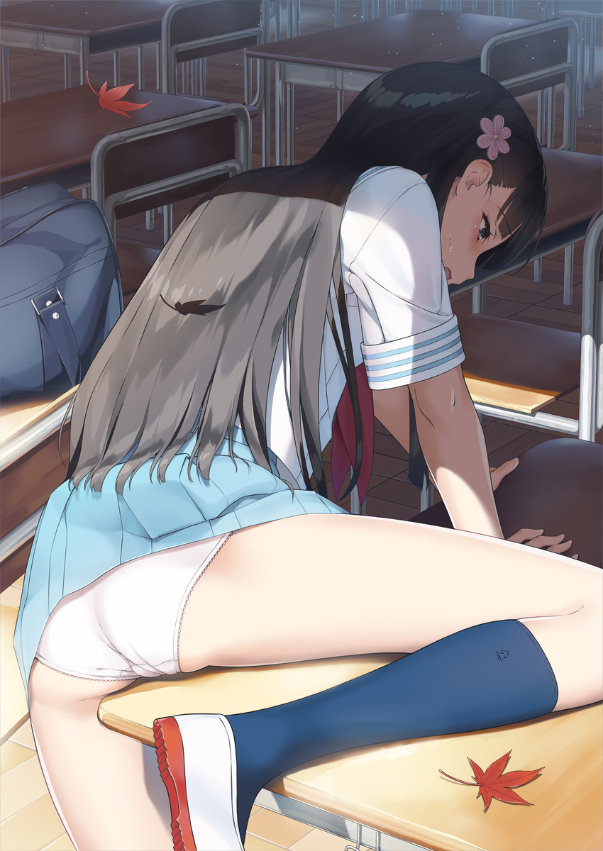 1girls arm_support ass autumn_leaves bag black_hair black_legwear blue_eyes blue_skirt blush butt classroom clothed_masturbation clothes_lift commentary_request crotch_rub desk female flower from_behind hair_flower hair_ornament hairclip highres idolmaster idolmaster_cinderella_girls indoors kneehighs kobayakawa_sae leaf leaning_forward leg_lift leg_support leg_up legs legs_apart long_hair masturbation moaning open_mouth panties school_uniform serafuku shirt shoes short_sleeves skirt skirt_lift solo sweat table table_humping thighs tsubure_manjuu underwear white_footwear white_panties white_shirt