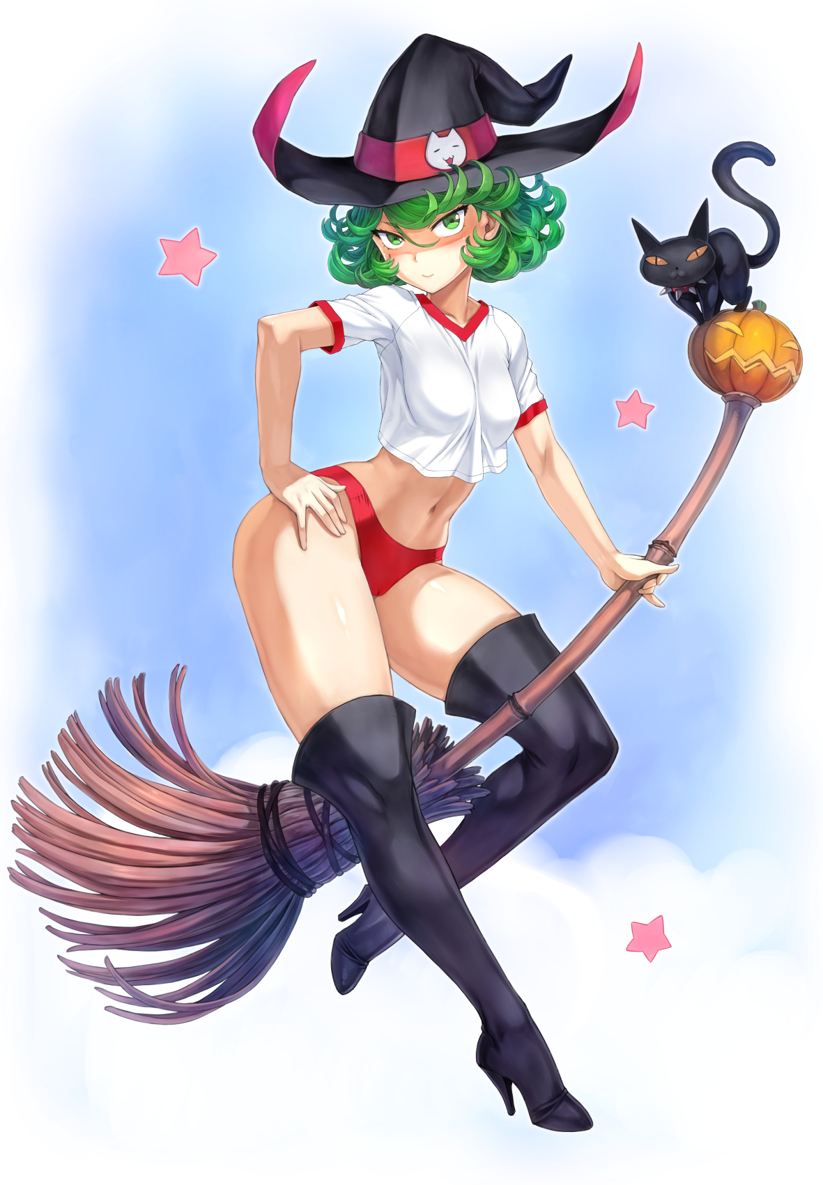 1girls, alternate breast size, alternate costume, alternate version available, bloomers, breasts, broom, female, female only, green eyes, green hair, gym uniform, mogudan, one-punch man, short hair, smile, solo, tatsumaki, thick thighs, thighs, white shirt, witch hat