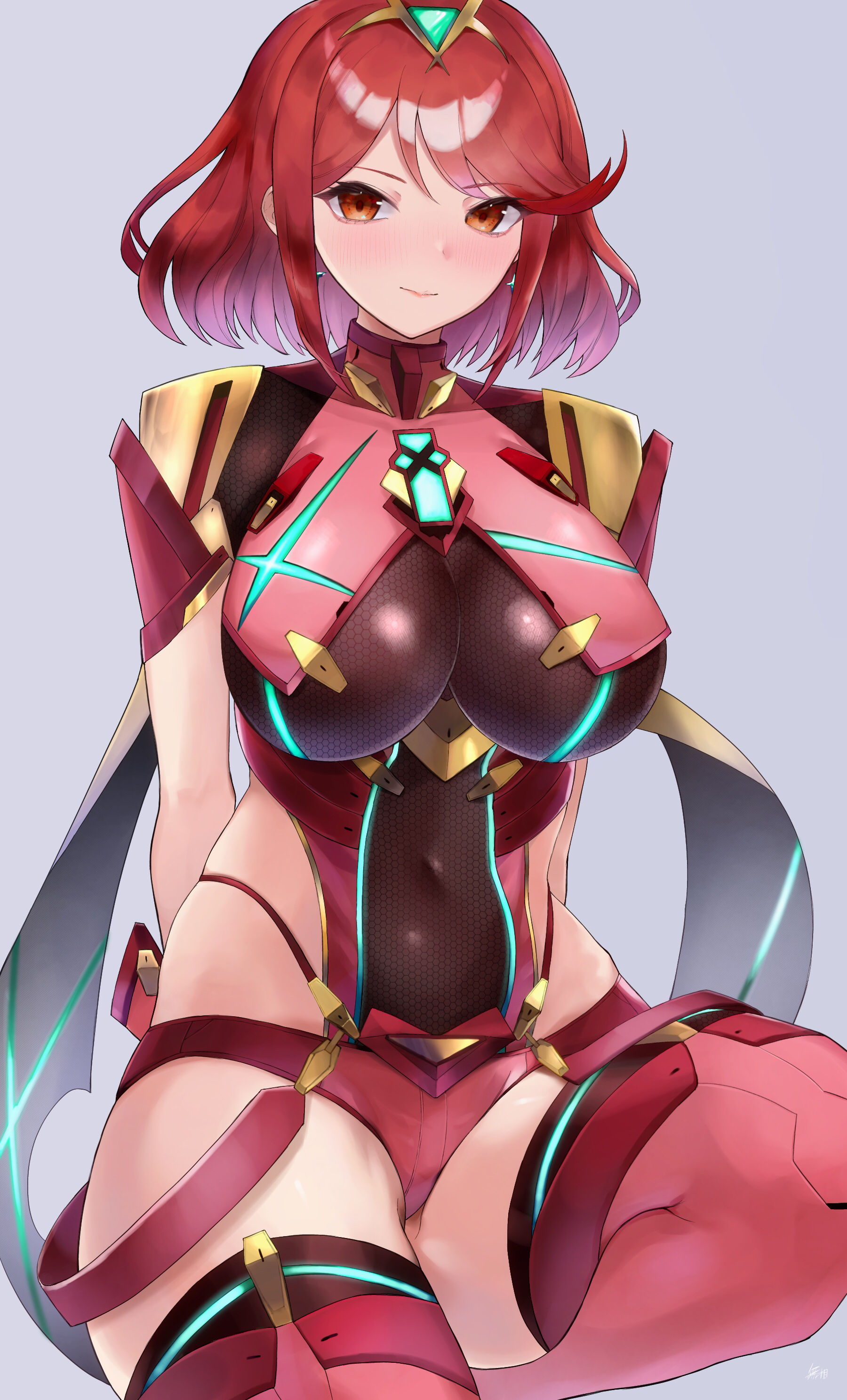 1girls, 2022, blush, breasts, clothed female, core crystal, earrings, female, female only, hair ornament, hips, huge breasts, kataku musou, looking at viewer, nintendo, pyra, red clothing, red eyes, red hair, short hair, short shorts, shorts, simple background, slim waist, suspenders, suspenders hanging, thick thighs, thighs, tiara, wide hips, xenoblade (series), xenoblade chronicles 2