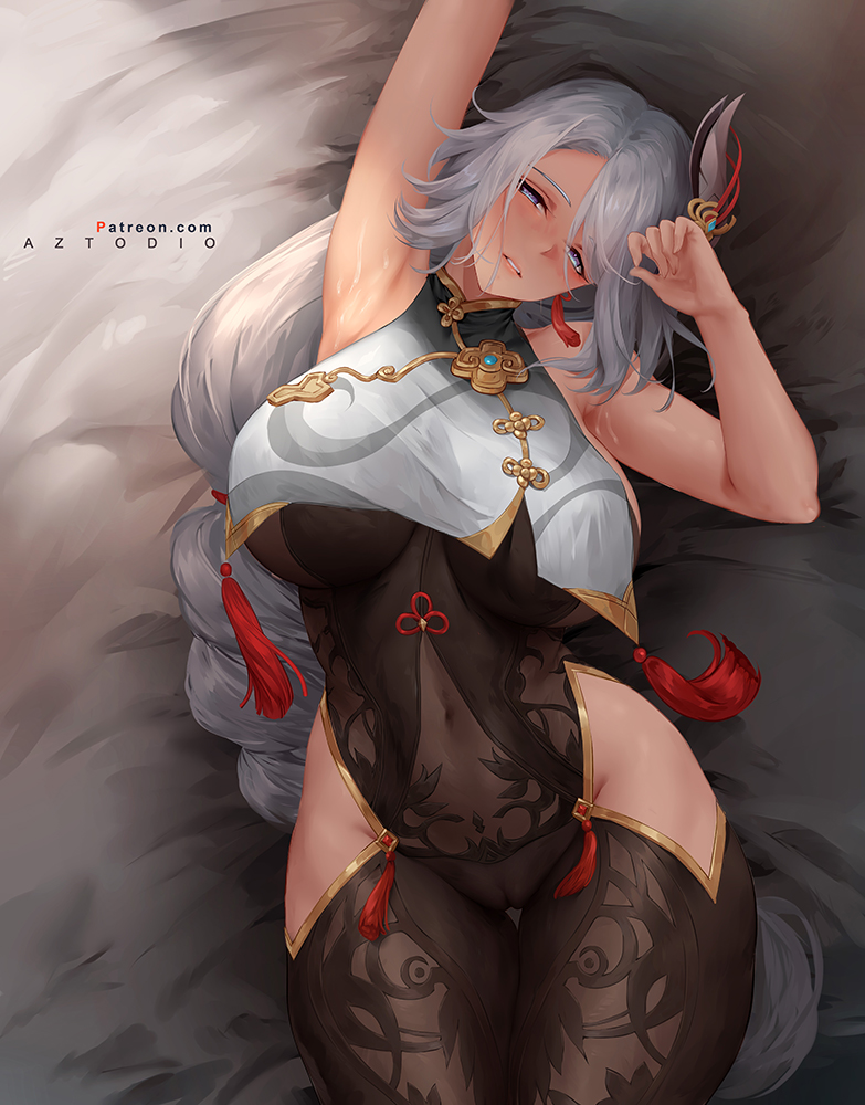 1girls, 2022, armpits, arms up, artist signature, azto dio, belly button, blush, bodystocking, braided hair, breasts, cameltoe, female, female only, genshin impact, hair ornament, hair over one eye, hips, hourglass figure, huge breasts, light skin, light-skinned female, long hair, looking at viewer, lying on back, lying on bed, naughty face, pussy, shenhe (genshin impact), slim waist, thick thighs, thighs, watermark, white hair, wide hips