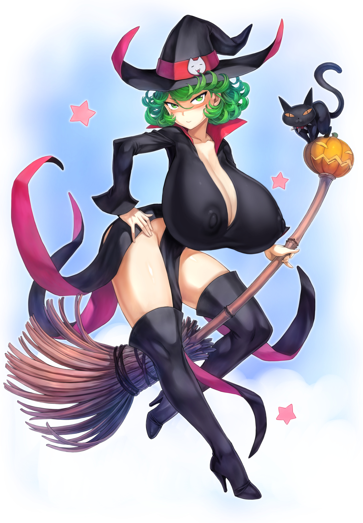 1girls, alternate breast size, alternate costume, alternate version available, big breasts, breasts, broom, female, female only, green eyes, green hair, halloween, huge breasts, mogudan, nipples, nipples visible through clothing, one-punch man, short hair, solo, tatsumaki, thick thighs, thighs, witch, witch hat