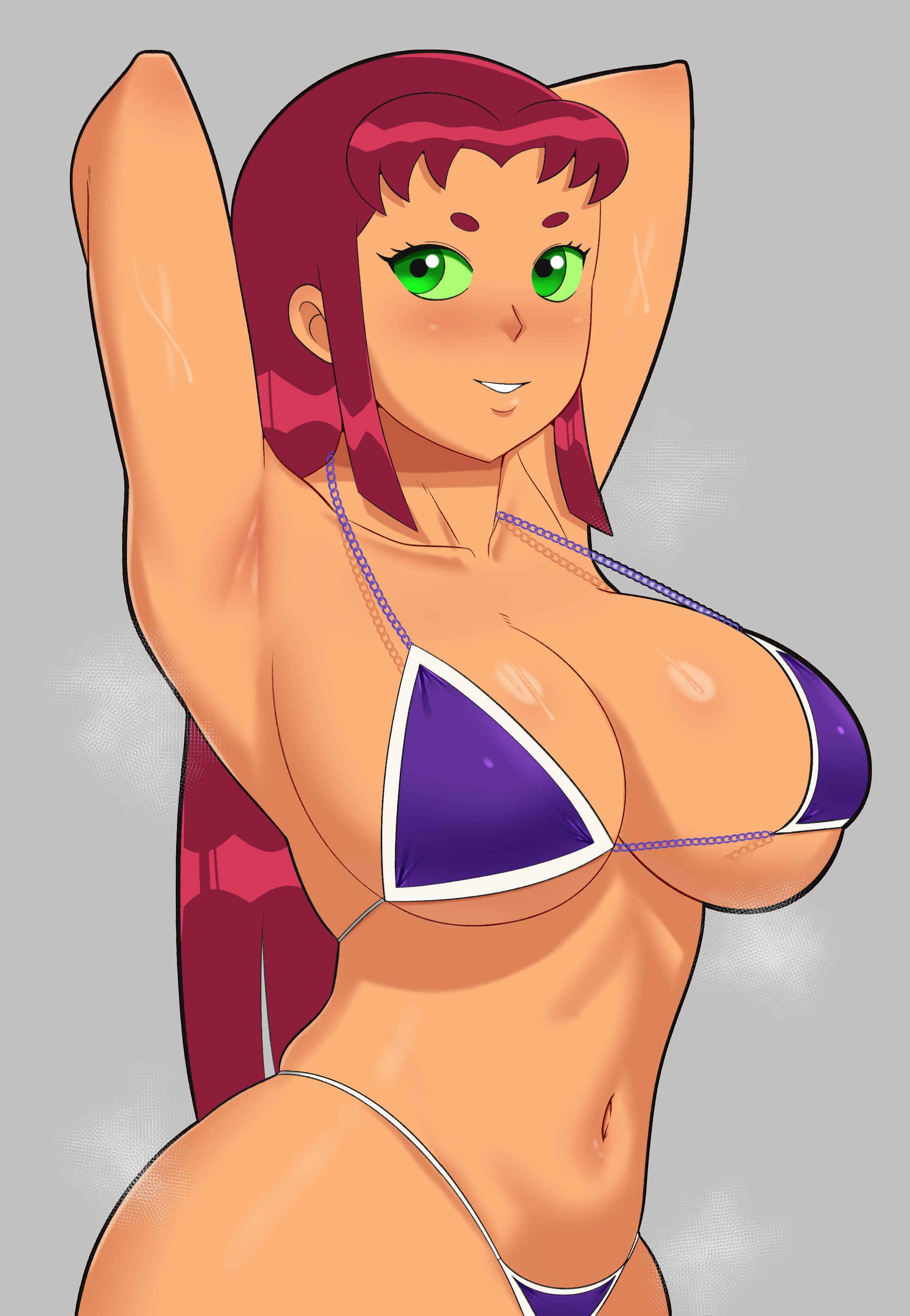 1girls, big breasts, bikini, bikini top, breasts, coldarsenal, dc, dc comics, female, female focus, female only, green eyes, hands behind head, huge breasts, large breasts, looking at viewer, navel, purple bikini, purple swimsuit, red hair, simple background, solo, solo female, solo focus, starfire, swimsuit, teen titans, toned, toned belly, toned body, toned female, toned stomach