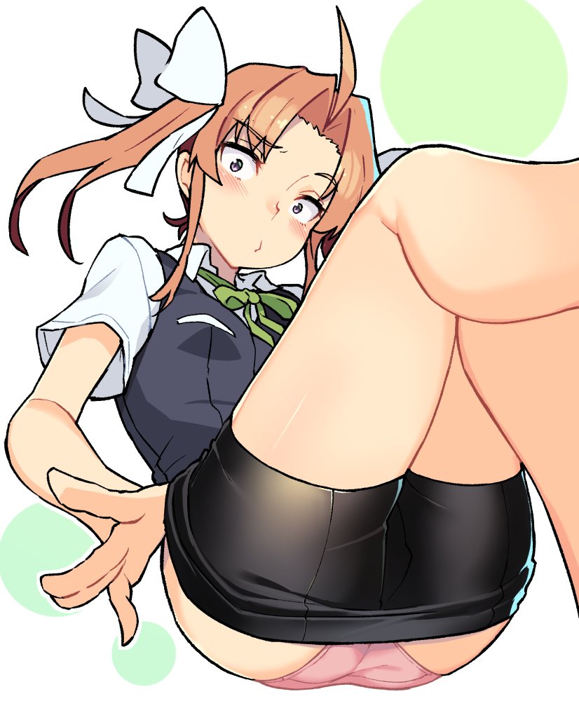 ahoge ass bangs bike_shorts black_shorts black_vest blush bow breasts brown_eyes brown_hair clothes_pull eyebrows_visible_through_hair feet_out_of_frame female forehead green_ribbons hairbow head_tilt kagerou_(kantai_collection) kantai_collection knees_up long_hair looking_at_viewer neck_ribbon one-hour_drawing_challenge panties pink_panties pulled_by_self remodel_(kantai_collection) ribbon shirt short_shorts short_sleeves shorts shorts_pull sidelocks simple_background small_breasts solo taketora_suzume thighs twintails underwear vest white_background white_bow white_shirt