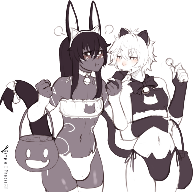 2boys animal_ears bell blush brown-skinned_male brown_skin bulge candy cat_lingerie clothing dark-skinned_femboy dark-skinned_male dark_skin egyptian eyebrows_visible_through_hair fake_animal_ears femboy food kimmirut_(simple-phobiaxd) legwear light-skinned_femboy light-skinned_male light_skin male male_only middle_eastern middle_eastern_femboy middle_eastern_male monochrome monster_boy neckwear sachi_(simple-phobiaxd) simple-phobiaxd tail teeth thick_thighs topwear underwear