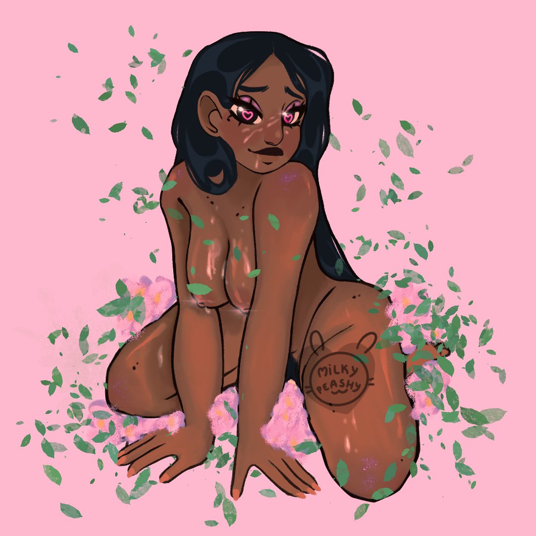 1girls, blush, breasts, dark skin, dark-skinned female, disney, encanto, female, female only, heart-shaped pupils, isabela madrigal, latina, milky peashy, nipples, nude, rough sketch