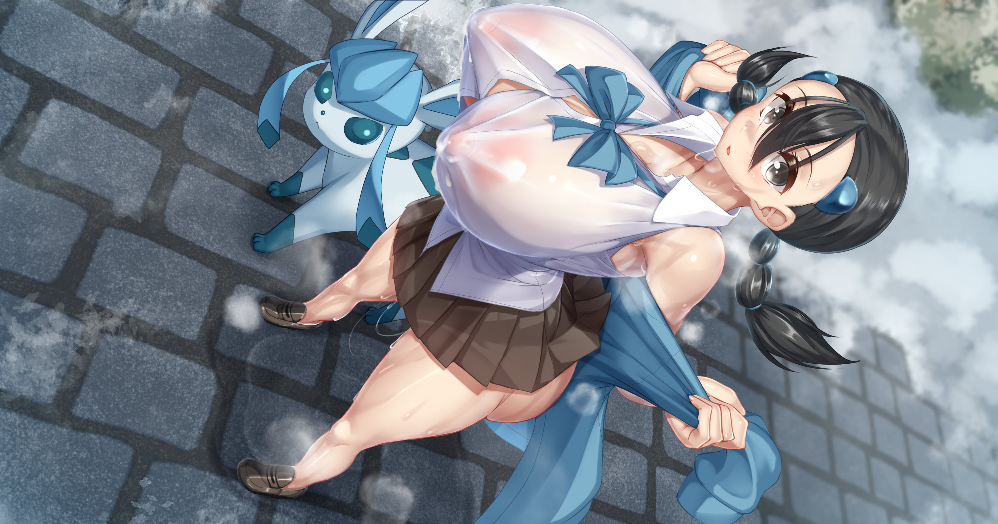 1girls, alternate breast size, ambiguous gender, ass, big ass, big breasts, black hair, breasts, candice (pokemon), eeveelution, eye contact, female, glaceon, huge breasts, kawahagitei, looking at viewer, nintendo, nipples visible through clothing, pokemon, pokemon (species), pokemon dppt, standing, thick thighs, wet clothes