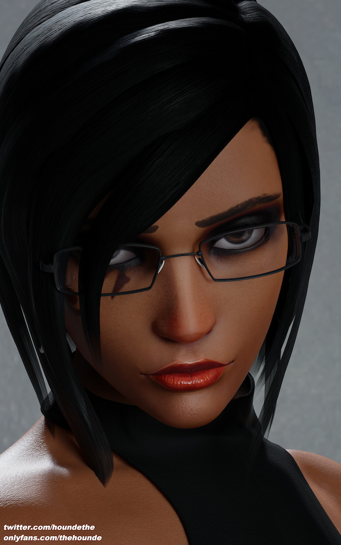 3d, blizzard entertainment, dark skin, dark-skinned female, egyptian female, female, female only, glasses, looking at viewer, luscious lips, overwatch, pharah, red lipstick, seductive, seductive eyes, seductive look, solo, tattoo, thehounde