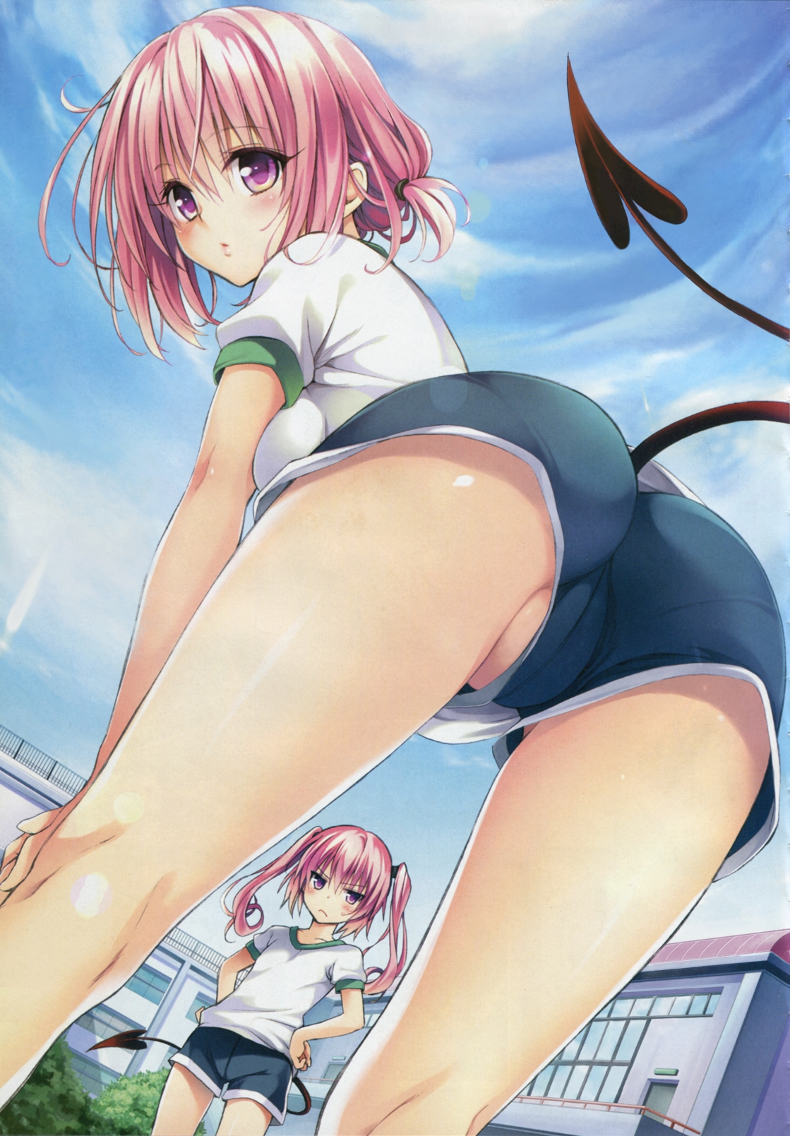 ass, big breasts, breasts, clothing, female, gym uniform, light skin, looking back, momo velia deviluke, nana asta deviluke, pink eyes, pink hair, pussy, pussy peek, shorts, small breasts, to love-ru, upshorts, yabuki kentarou