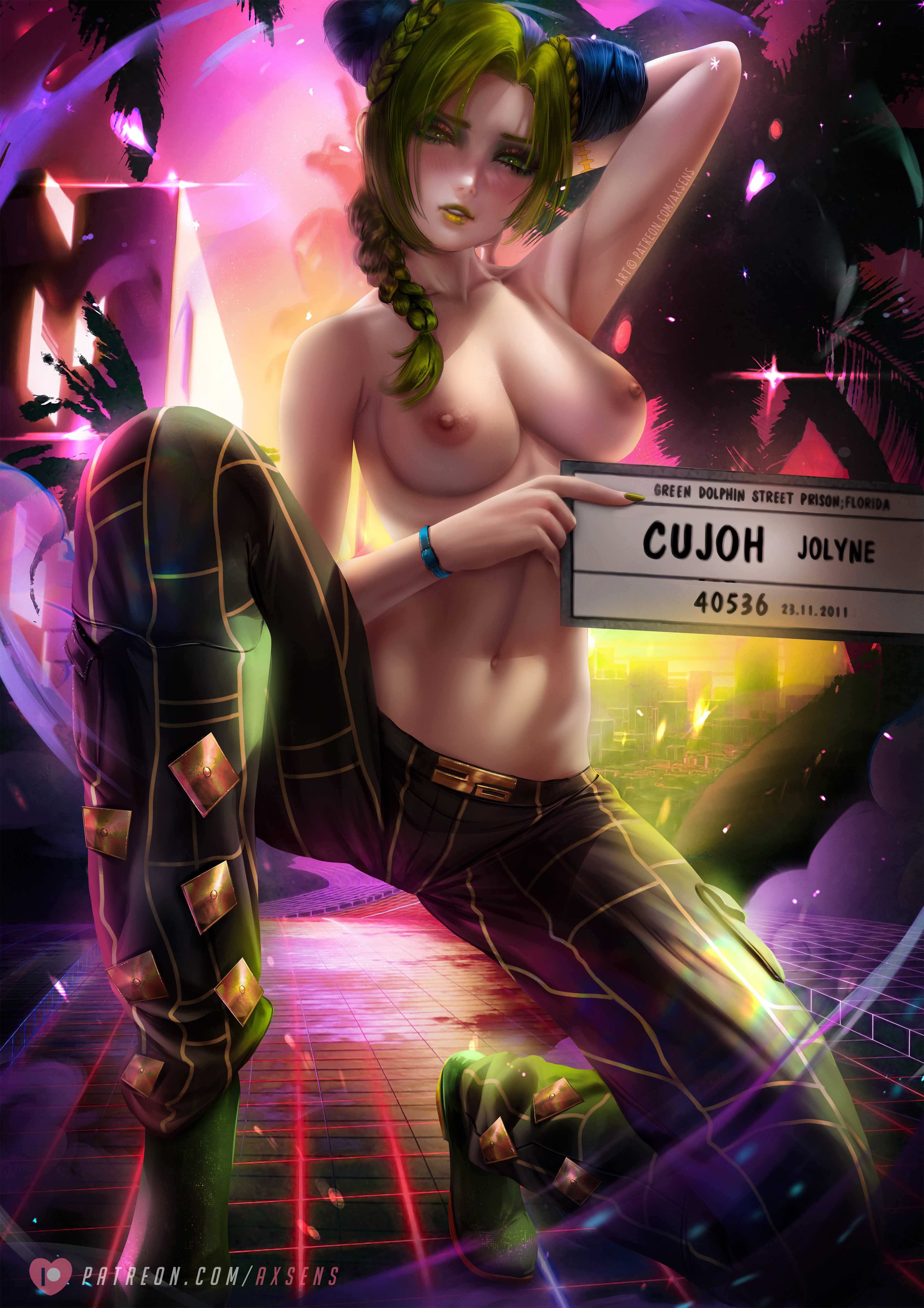 1girls, abs, areola, areolae, arm up, armpit, axsens, bare arms, bare breasts, bare shoulders, bare skin, big breasts, blue hair, braided ponytail, breasts, card, female, female focus, female only, fit, fit female, green eyes, green hair, green lips, green lipstick, hair bun, hand behind head, holding card, jojo's bizarre adventure, jolyne kujo, large breasts, looking at viewer, navel, nipples, on knees, pants, slim female, slim waist, solo, solo female, solo focus, squatting, stone ocean, tied hair, toned, toned female, topless, two-tone hair
