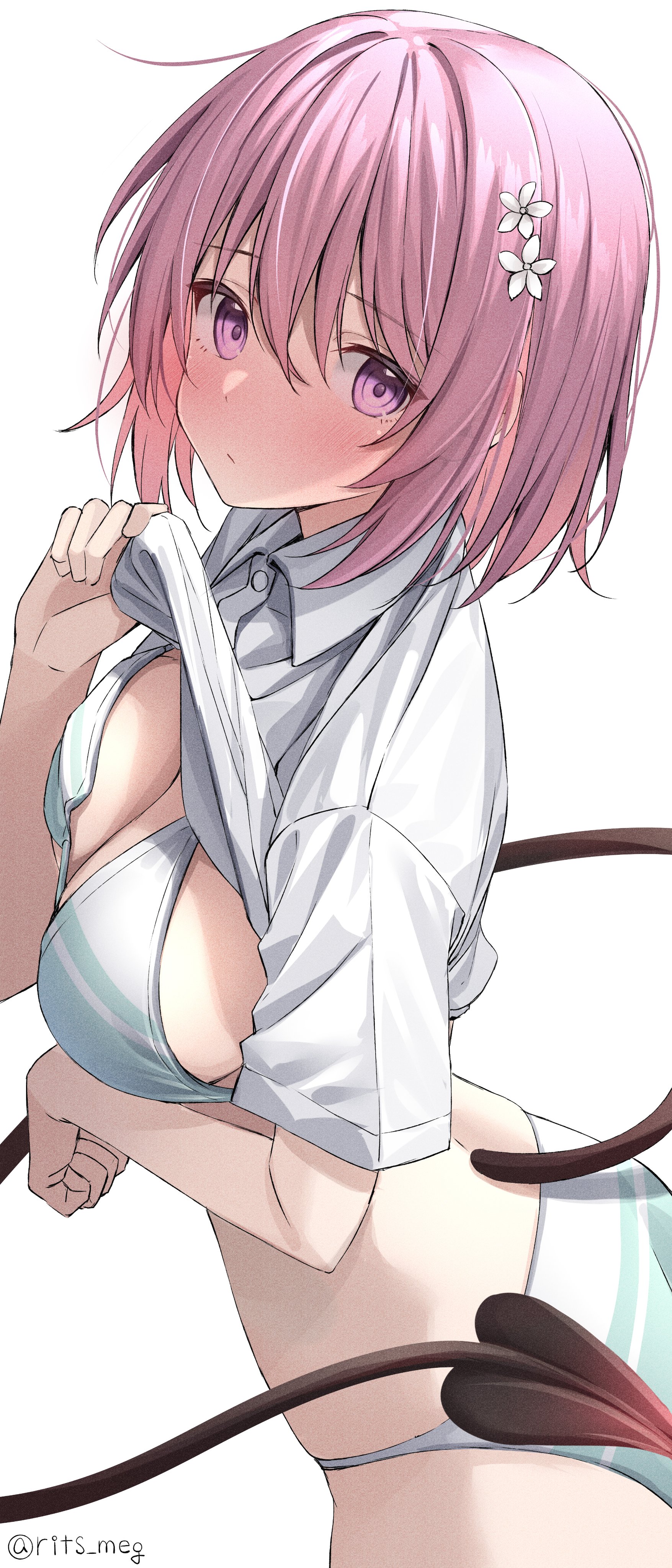 big breasts, blush, bra, breasts, clothing, female, flower, kawai ritsu (rits meg), large breasts, light skin, looking at viewer, momo velia deviluke, panties, pink eyes, pink hair, to love-ru