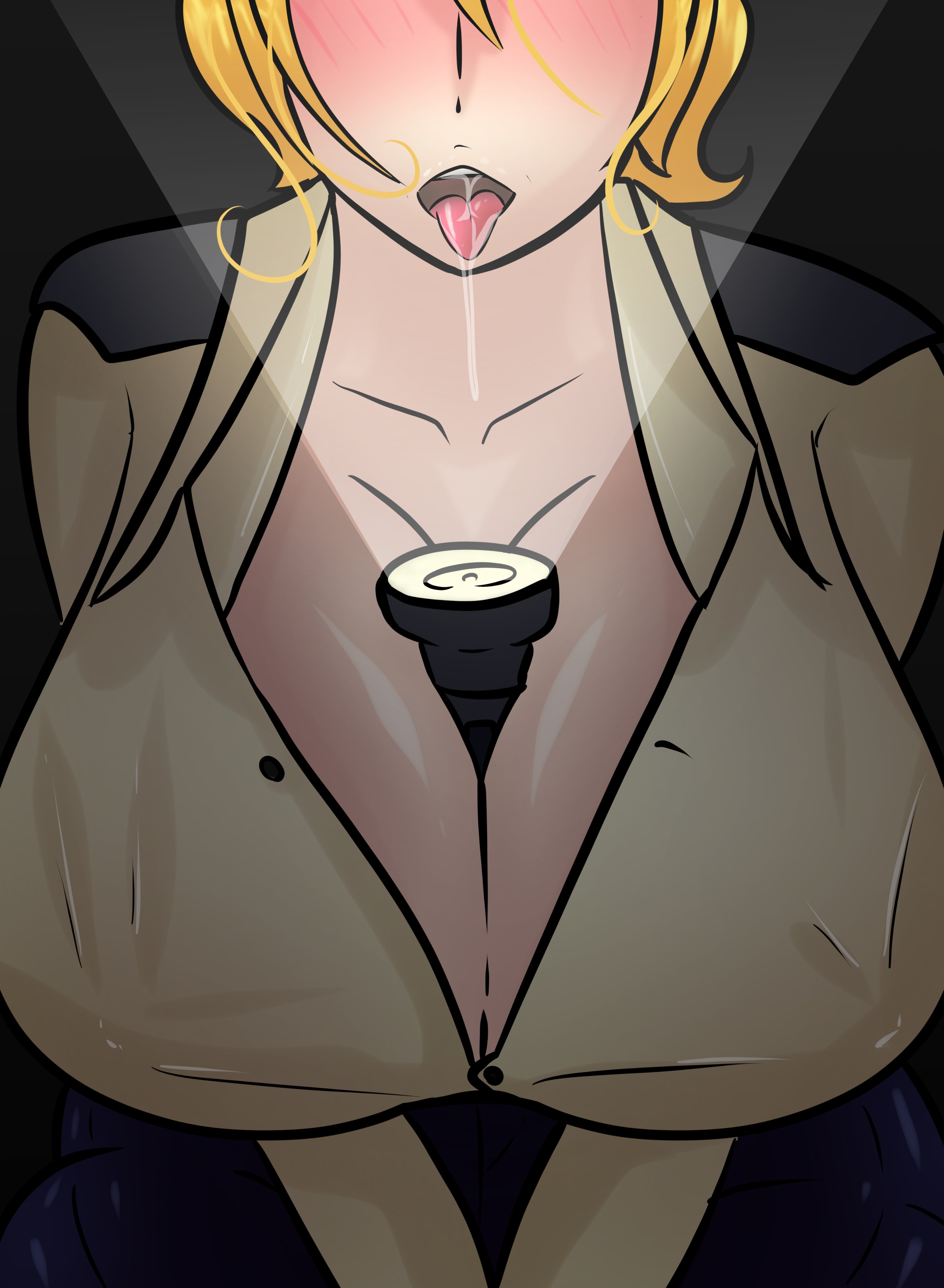 1girls, absurd res, ahe gao, alternate breast size, between breasts, big breasts, blonde hair, blush, blushing, breasts, cleavage, female, female only, five nights at freddy's, five nights at freddy's: security breach, flashlight, front view, hi res, huge breasts, human, human only, humanoid, large breasts, no eyes, object between breasts, smile81872864, solo, solo female, suggestive, tongue, tongue out, vanessa (fnaf)