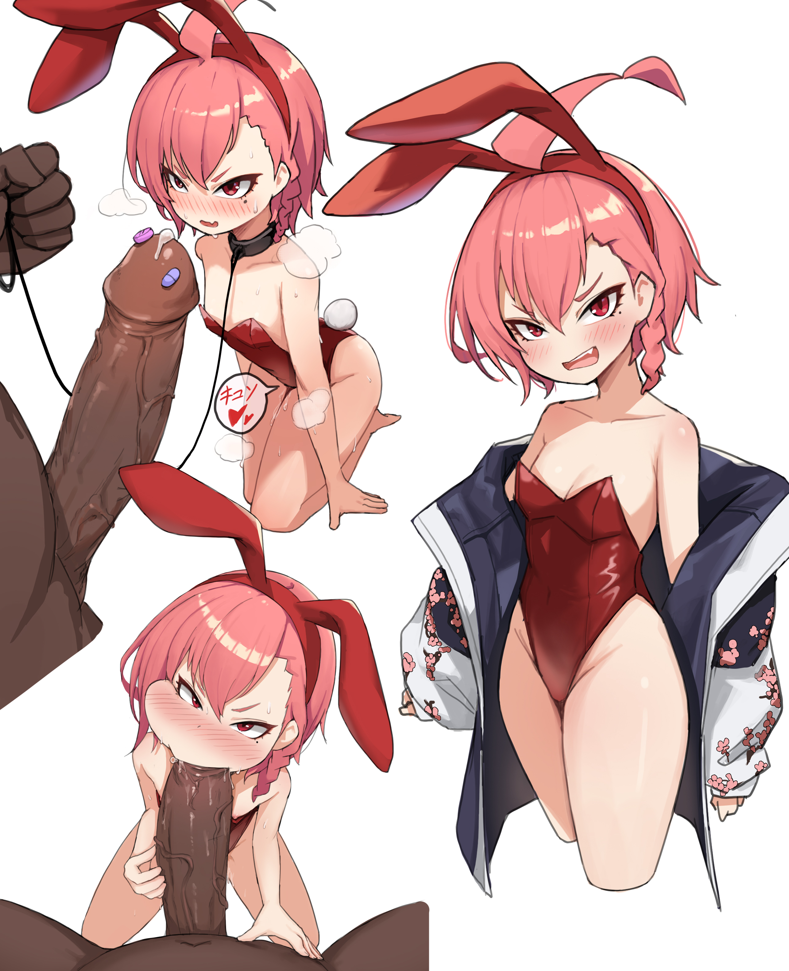 1boy, 1girls, animal ears, areolae, blue archive, blush, breasts, breath, bunny ears, bunny tail, cheek bulge, clothing, completely nude, dark skin, dark-skinned male, drugs, fellatio, female, heart, high resolution, interracial, jacket, kkusak (kkusag ks), kneeling, leash, light skin, light-skinned female, looking at another, looking at viewer, male, male pov, millennium science school student, mole, mole under eye, neru (blue archive), neru (bunny) (blue archive), nipples, nude, nude male, oerba yun fang, open mouth, oral, pale skin, pale-skinned female, penis, pink hair, playboy bunny, pov, pussy, red eyes, saliva, sex, short hair, simple background, skin fang, small breasts, standing, sweat, tail, vaginal juices, very high resolution, white background