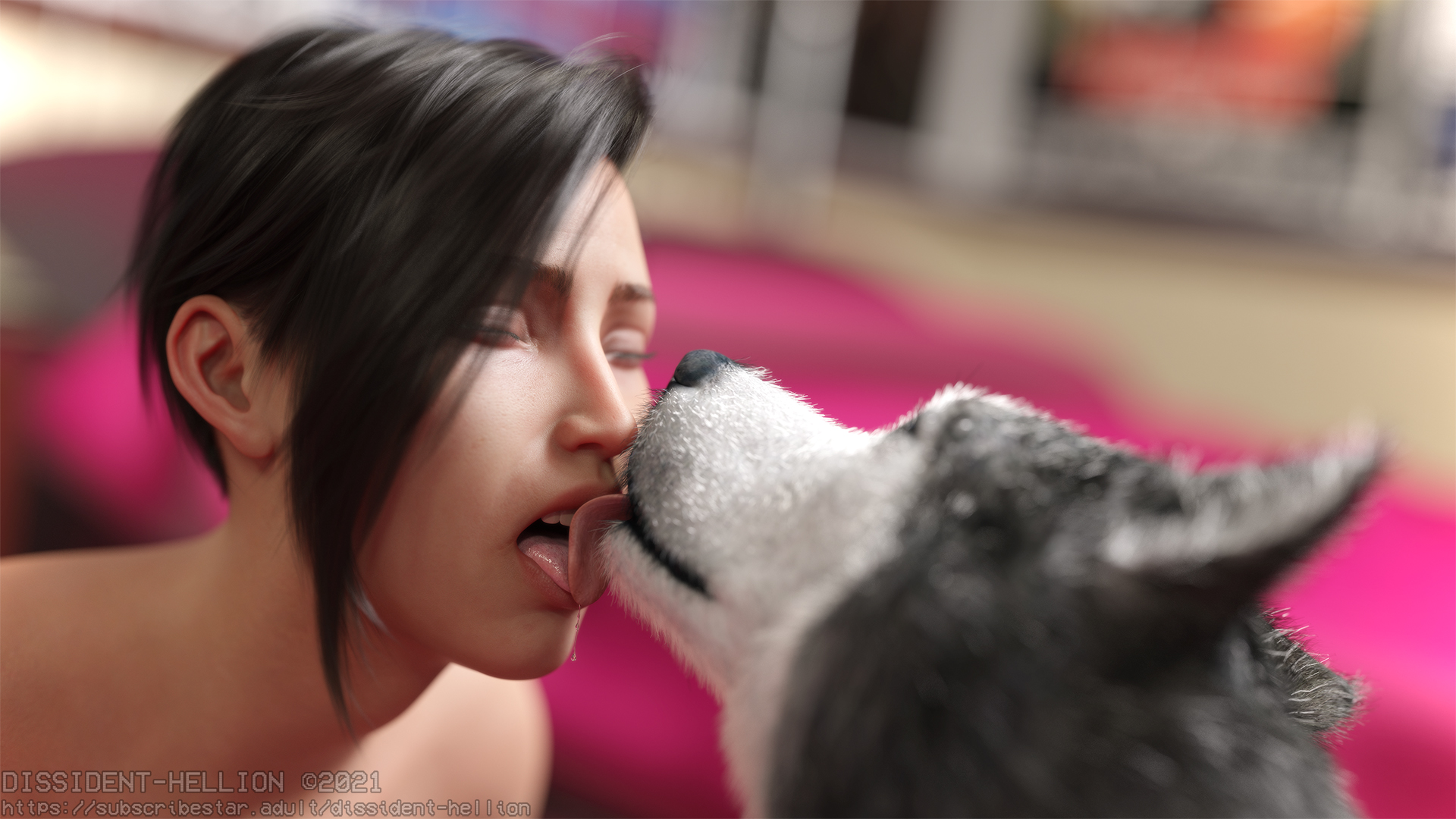 1boy, 1girls, 3d, black hair, blurry background, canine, closed eyes, dissidenthellion, female, feral, husky, kissing, licking, male, parted lips, straight, zoophilia