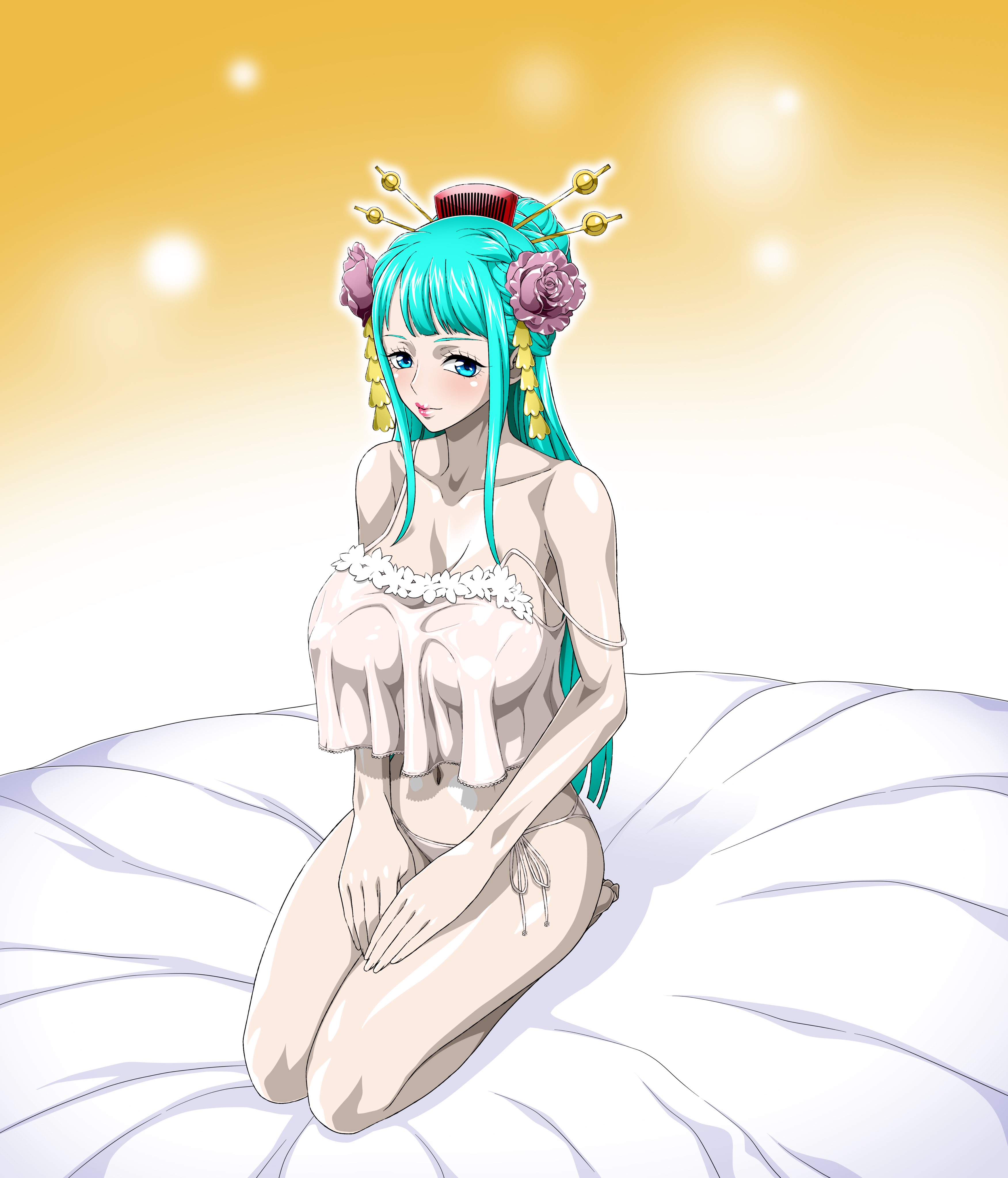 1girls, blue eyes, breasts, female, female only, green hair, green-haired female, kozuki hiyori, lingerie, nel-zel formula, oiran, one piece