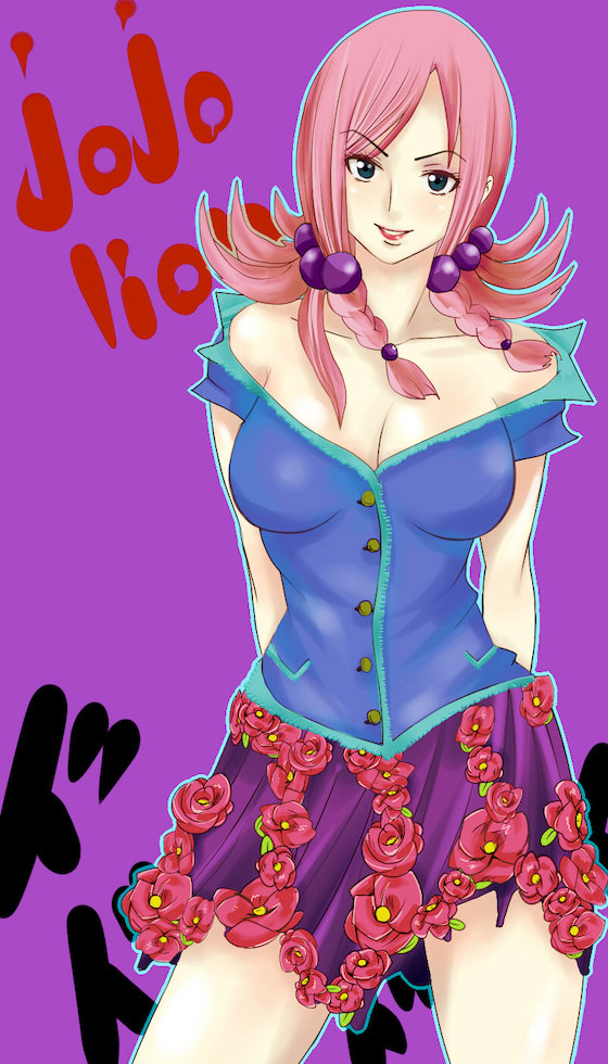 1girls artist_request big_breasts blue_eyes blue_shirt breasts cleavage female female_focus female_only flowers jojo's_bizarre_adventure jojolion light-skinned_female light_skin long_hair looking_at_viewer open_clothes open_mouth pink_hair sfw simple_background skirt smiling smiling_at_viewer solo solo_female solo_focus thick_thighs thighs yasuho_hirose