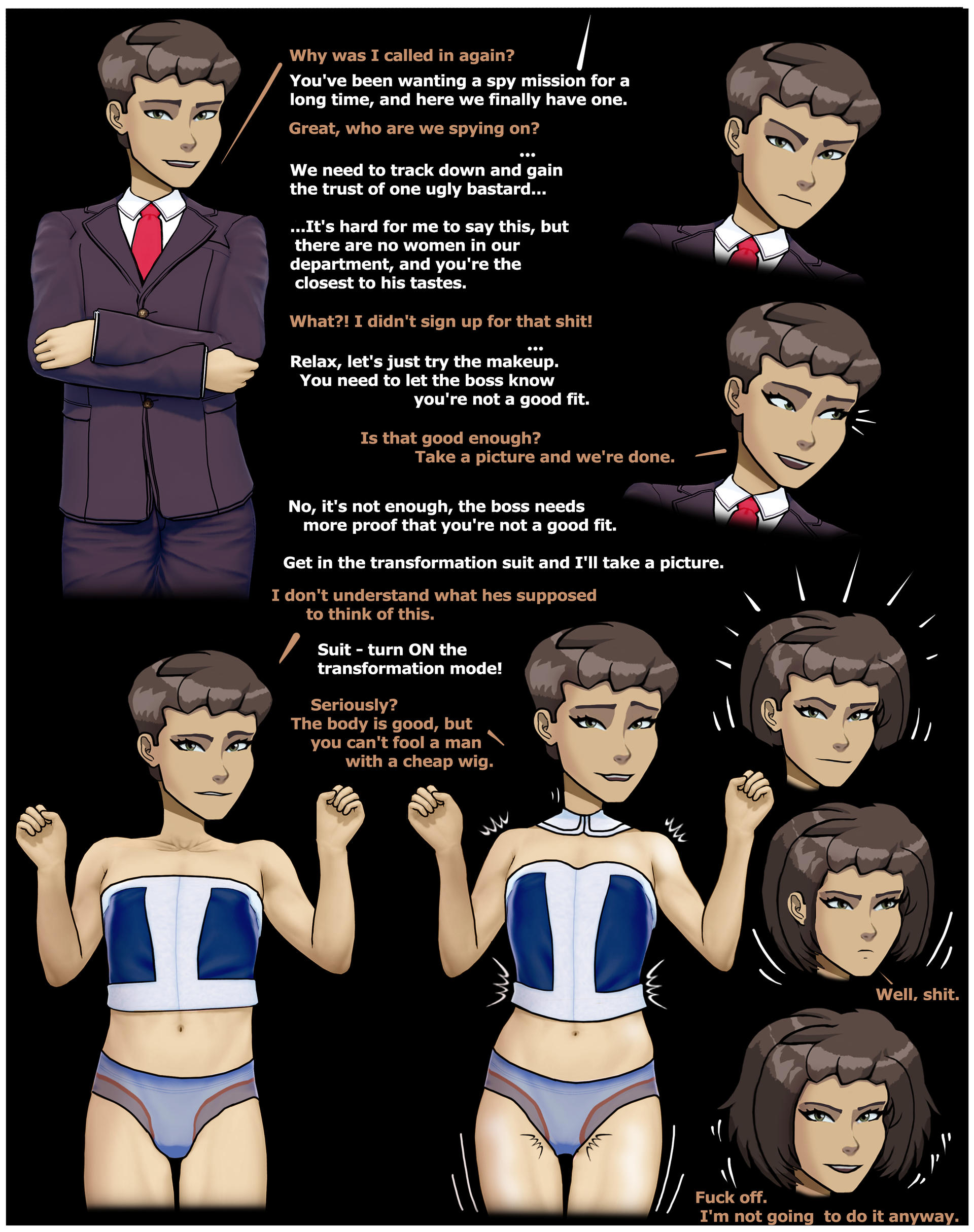 bare arms, bare legs, bare shoulders, before and after, black background, breast expansion, breast growth, breast growth (enlargement), breasts, brown hair, comic page, corset, dark skin, dark-skinned female, female, feminine male, feminization, gender transformation, genderswap, genderswap (mtf), hair between eyes, hair growth, jacket, male, mtf transformation, naked, office uniform, panties, rule 63, saturnvsmars, short hair, text, transformation