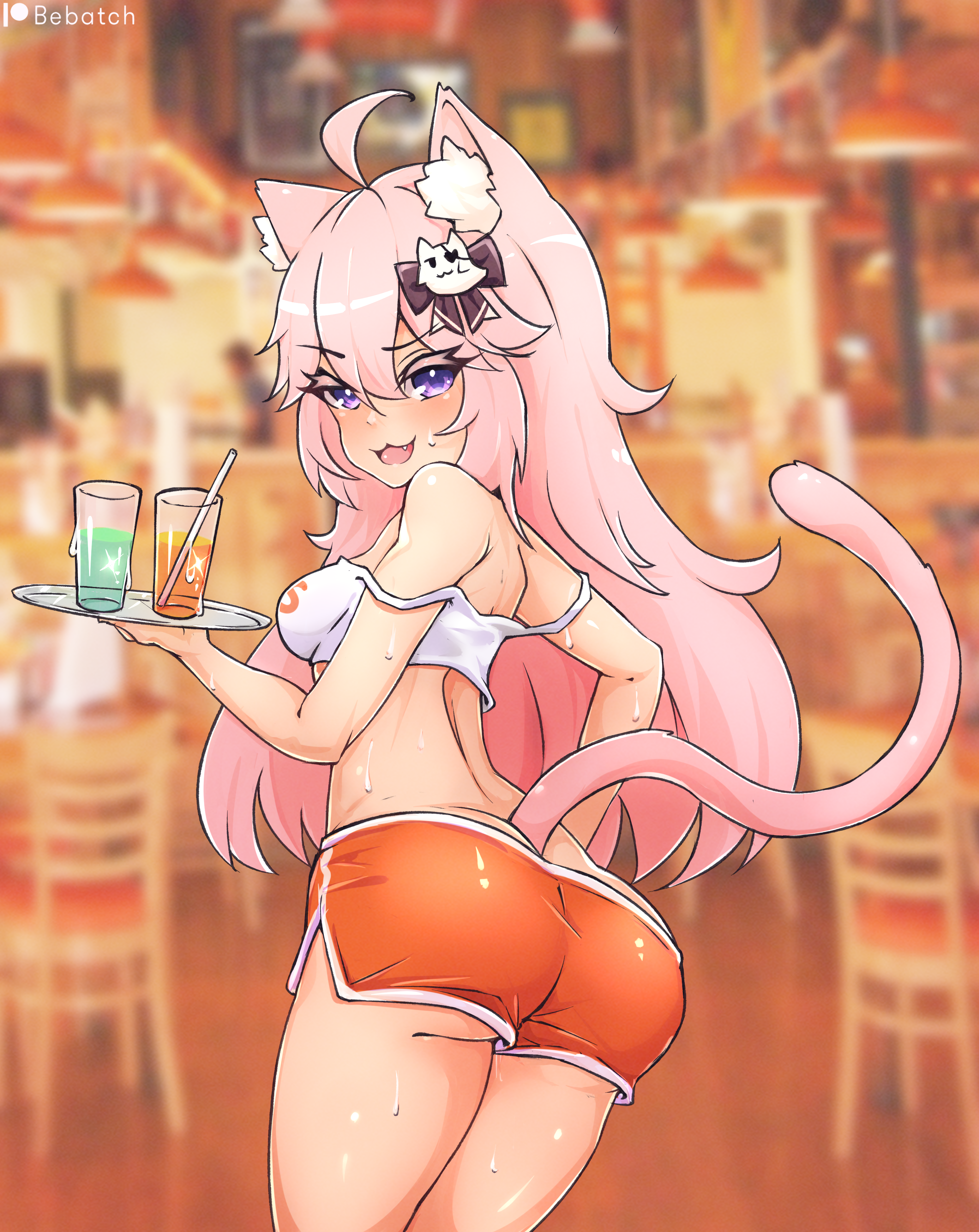:3, 1girls, absurd res, ass, ass cleavage, ass crack, bebatch, big ass, blurred background, blush, booty shorts, breasts, butt crack, cat ears, cat tail, crop top, dolphin shorts, drinks, eyebrows visible through hair, fang, fangs, female, fluffy ears, flustered, hair ornament, hair ribbon, hairbow, highres, holding object, hooters, hooters uniform, long hair, looking back, medium breasts, nervous, nyatasha nyanners, pink hair, purple eyes, restaurant, serving tray, shiny skin, short shorts, shorts, shoulders, sideboob, solo, sweat, sweatdrop, sweating, thick eyelashes, thick thighs, thighs, virtual youtuber, vshojo, waitress