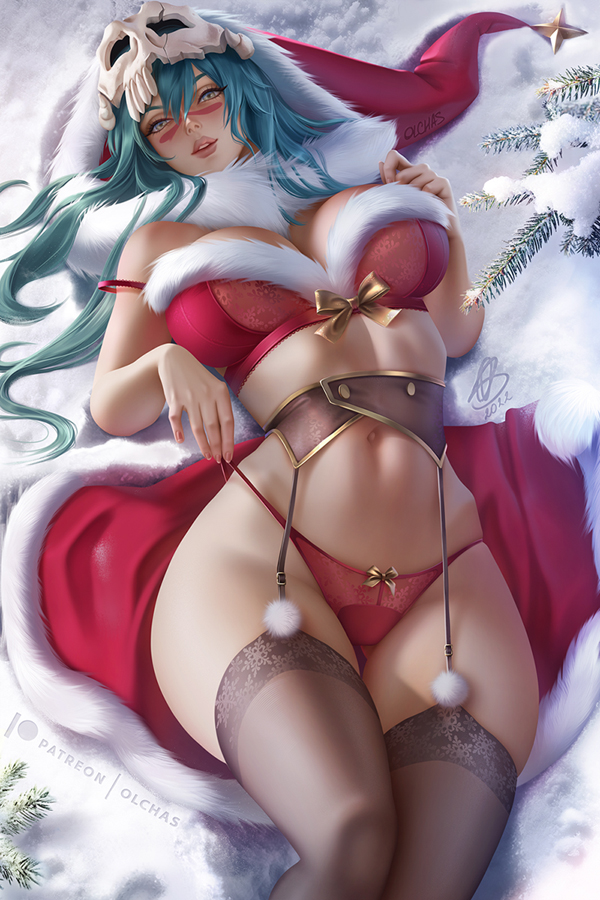1girls, 2022, alternate version available, artist signature, bleach, breasts, christmas, cleavage, clothed, clothed female, facial markings, female, female only, garter straps, green hair, hips, huge breasts, lingerie, long hair, lying on back, nelliel tu odelschwanck, olchas, outdoors, panties, red panties, santa costume, santa hat, skindentation, slim waist, snow, thick thighs, thighhighs, thighs, wide hips