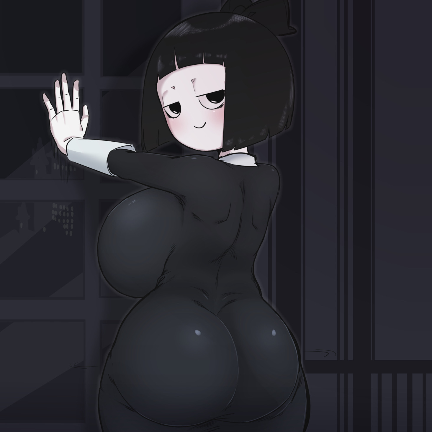 1girls, ass, ass in dress, big ass, big breasts, black hair, breasts, breasts bigger than head, creepy susie, dress, female, female only, hourglass figure, huge breasts, kaxiota, light skin, light-skinned female, looking at viewer, looking back, mob face, pale skin, pale-skinned female, short hair, simple face, solo female, tagme, the oblongs, tight clothing, voluptuous, white body, white skin