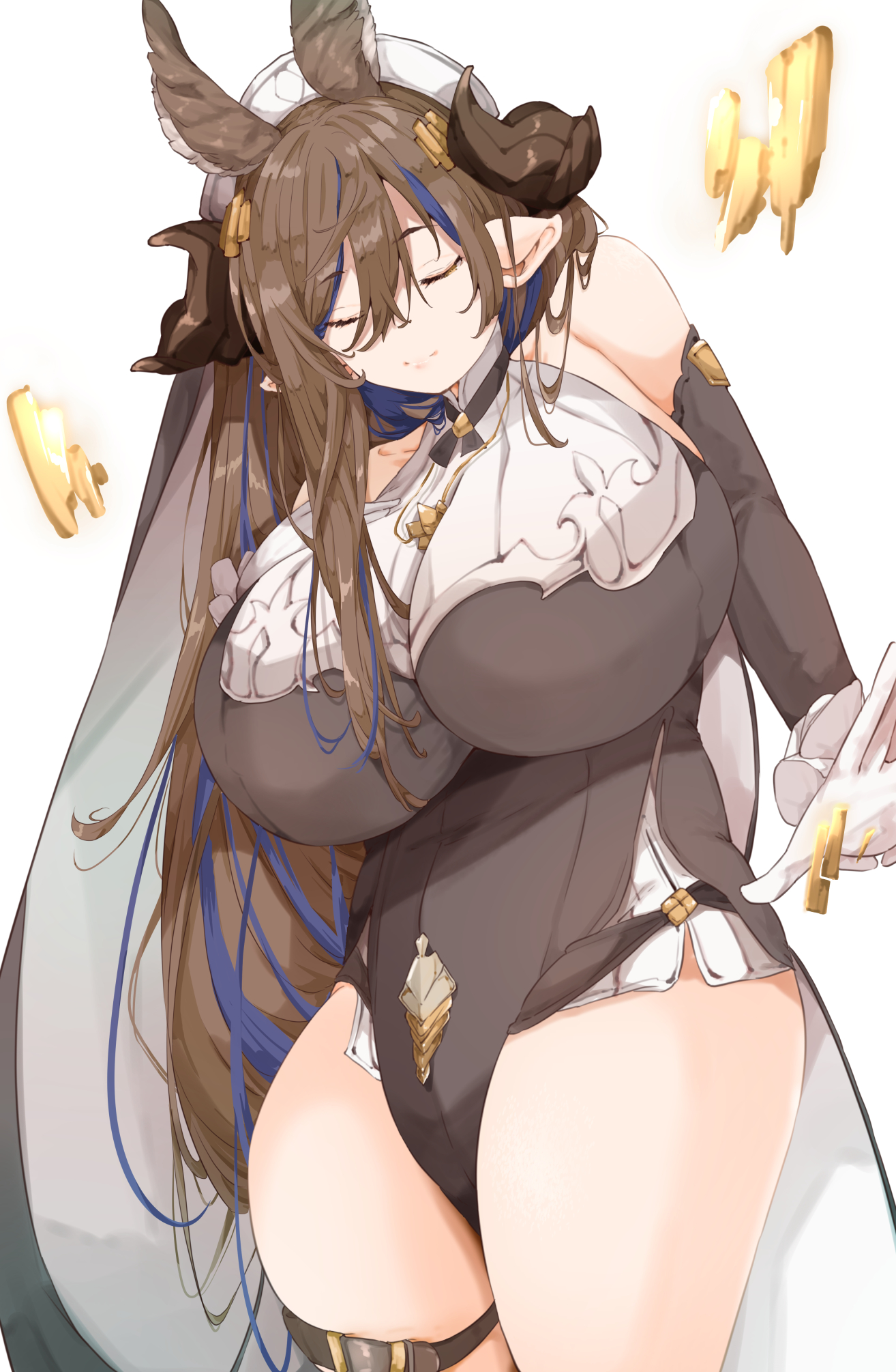 adapted costume, alternate breast size, animal ears, bangs, bare shoulders, blush, breasts, closed eyes, detached sleeves, eyebrows visible through hair, female, frilled sleeves, frills, galleon (granblue fantasy), gloves, granblue fantasy, high resolution, horns, huge breasts, leotard, long hair, multi ear, multicolored hair, okehazama kappon, pointy ears, sidelocks, smile, streaked hair, thick thighs, thighs, very high resolution, very long hair, white gloves