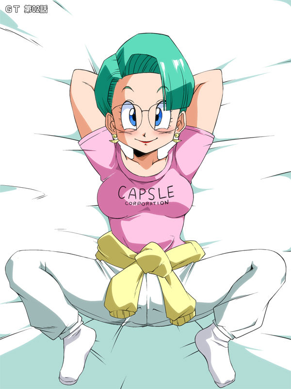 1girls bed bed_sheet big_breasts blue_eyes blue_hair blush breasts bulma_briefs bulma_briefs_(gt_saga) clothed dragon_ball dragon_ball_gt earrings female female_only fully_clothed glasses hair hands_behind_head knees_up lipstick lying_on_back lying_on_bed mature_female mature_woman milf mother old_school_academy older_female pink_topwear short_hair shounen_jump socks solo spread_legs t-shirt track_pants