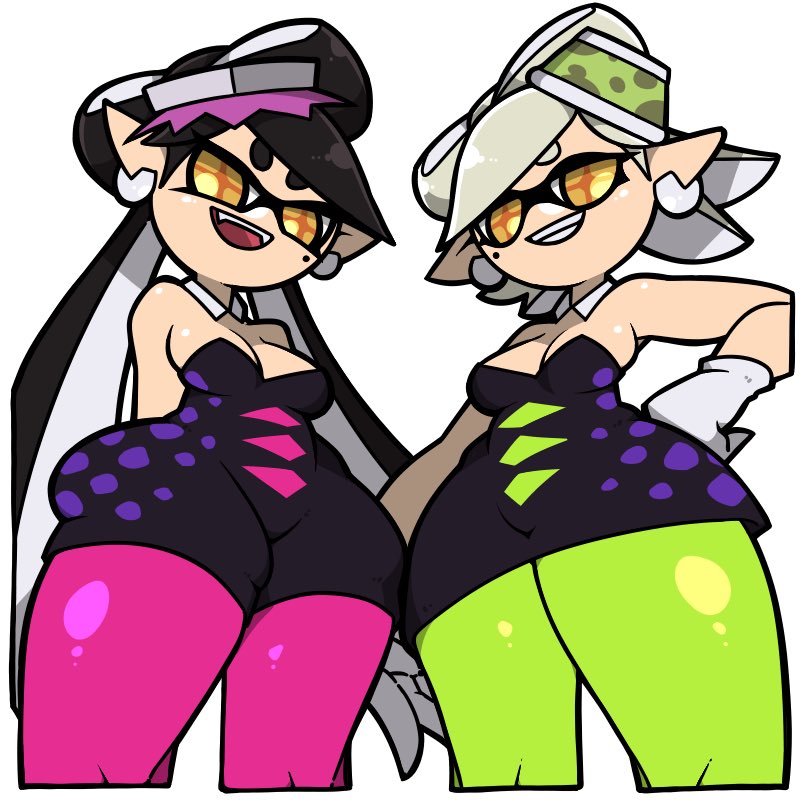 2girls black_hair callie_(splatoon) clothed clothing earrings fully_clothed gloves green_highlights inkling light-skinned_female light_skin looking_down marie_(splatoon) omoitukan2 pink_highlights smooth_skin splatoon squid_sisters tentacle_hair thighhighs white_hair yellow_eyes