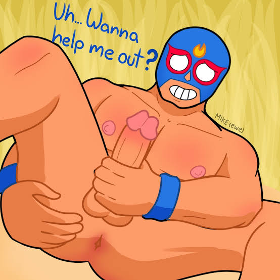5 fingers, ass, background, big ass, blush, brawl stars, el primo (brawl stars), gay, male, male only, muscles, muscular, muscular male, pecs, penis, touching penis
