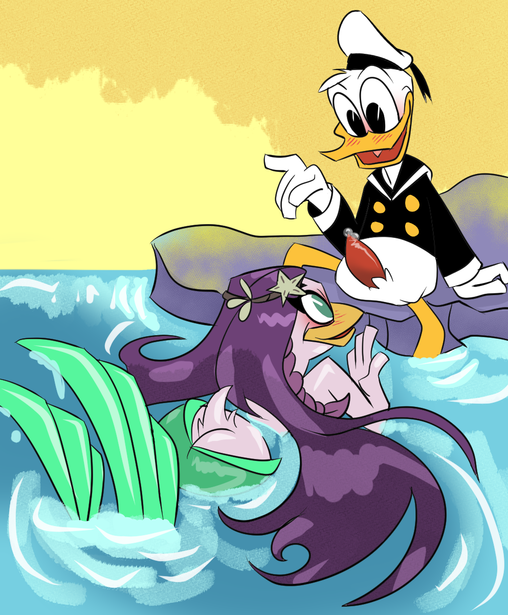 accessory aletheia_(ducktales) anatid anseriform anthro ass asterozoan avian beak bird black_clothing black_eyes blush bodily_fluids button_(fastener) cjzilla88 clothed clothing disney donald_duck duck ducktales ducktales_(2017) duo echinoderm erection feathers female fish fish_tail genital_fluids genitals green_eyes hair hat headband headgear headwear hi_res humanoid long_hair male male/female marine merfolk open_mouth penis purple_hair rock sailor_hat sailor_uniform sitting smile split_form starfish starfish_(accessory) topwear water white_body