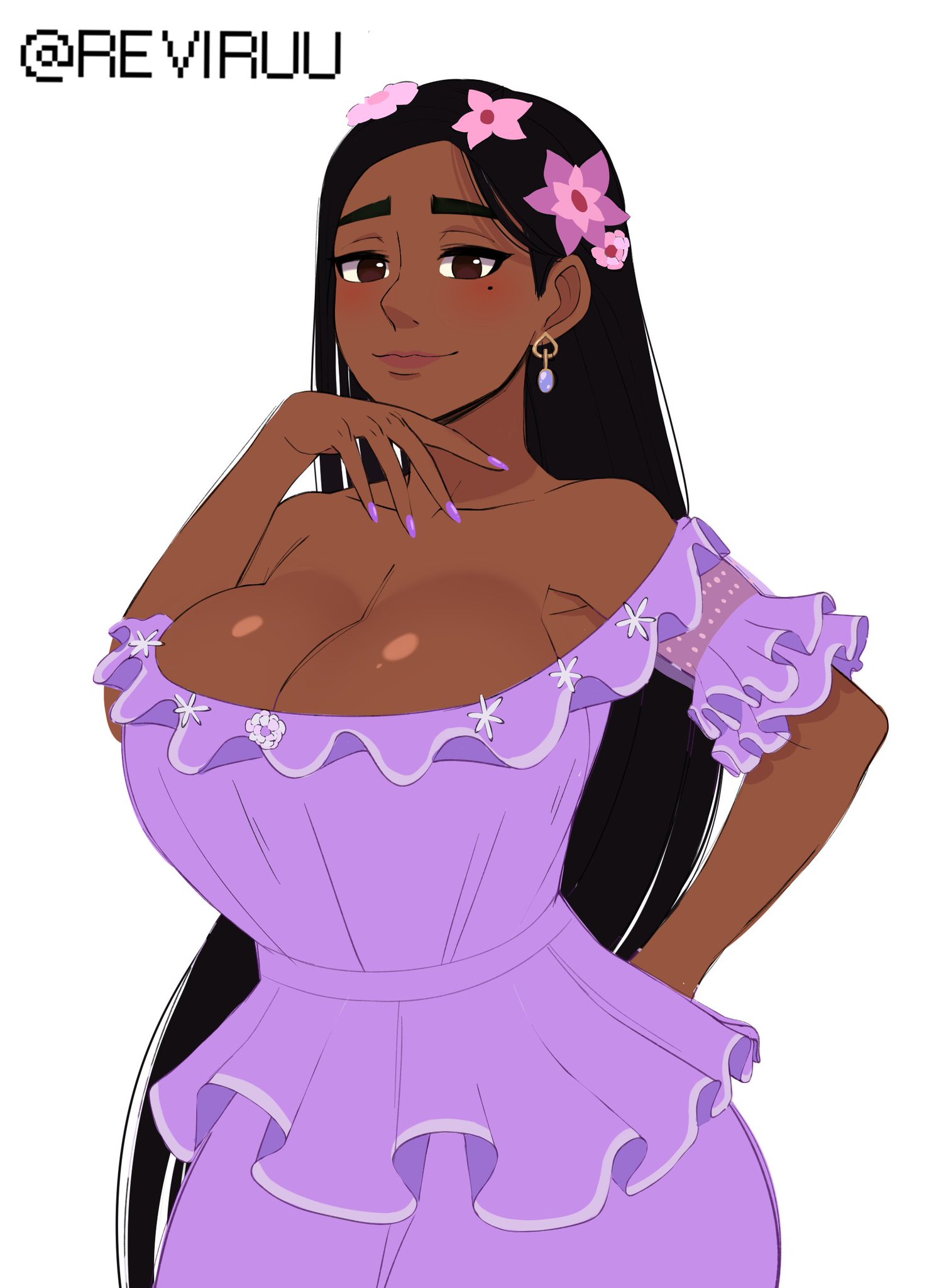 1girls, armpit crease, big breasts, black hair, breasts, cleavage, clothed, dark hair, dark skin, dark-skinned female, disney, dress, encanto, female, female only, hair ornament, isabela madrigal, latina, long hair, looking at viewer, purple dress, reviruu, seductive smile, solo, solo female