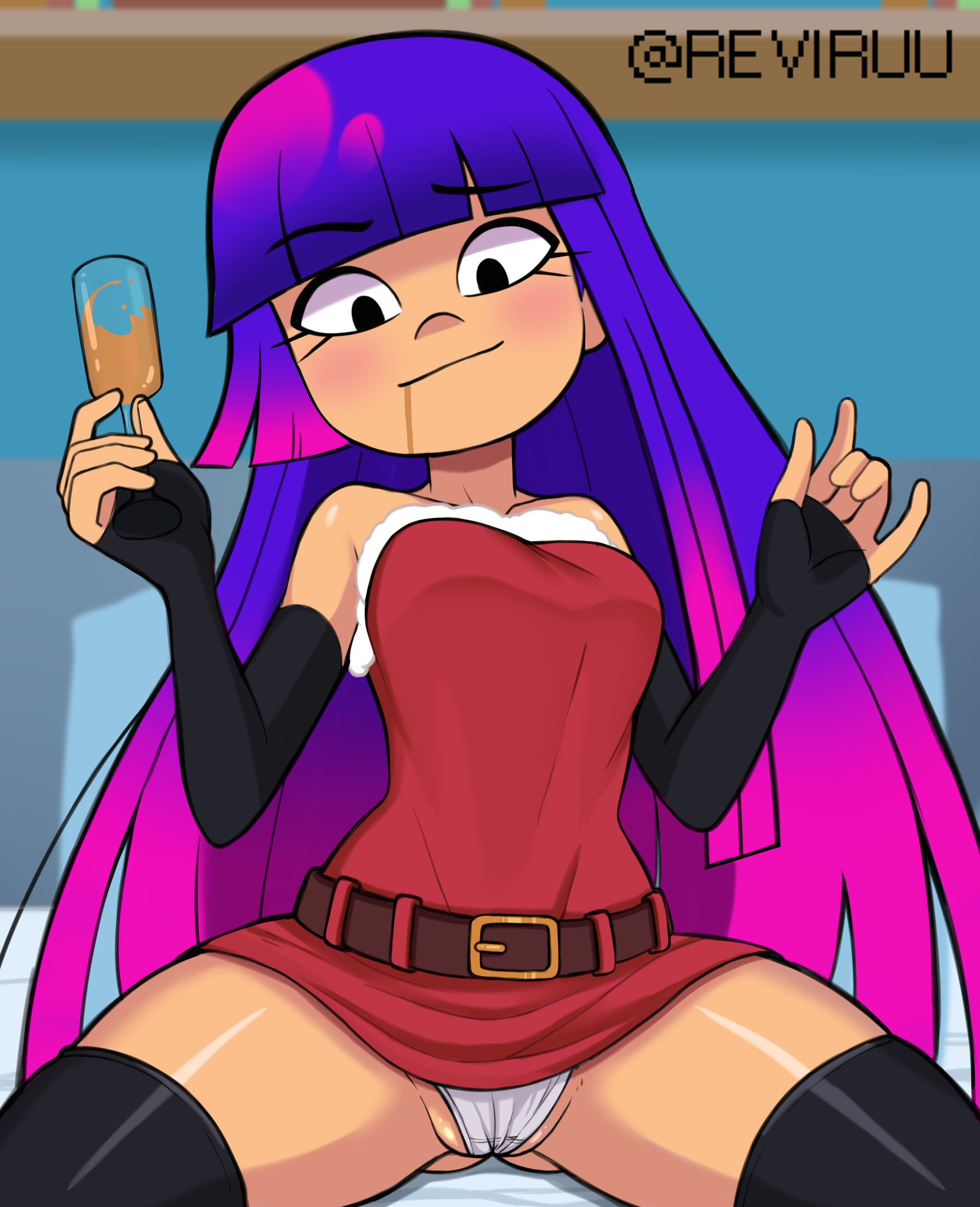 1girls, alcohol, ass visible through thighs, belt, black thighhighs, blush, blushing, christmas, christmas outfit, clothed, dress, drooling, drunk, female, female only, glass, glitch techs, holidays, long hair, looking down, miko kubota, panties, possible drunk, purple hair, reviruu, saliva trail, short dress, simple background, solo, solo female, thick thighs, thighhighs, two-tone hair, underwear, white panties