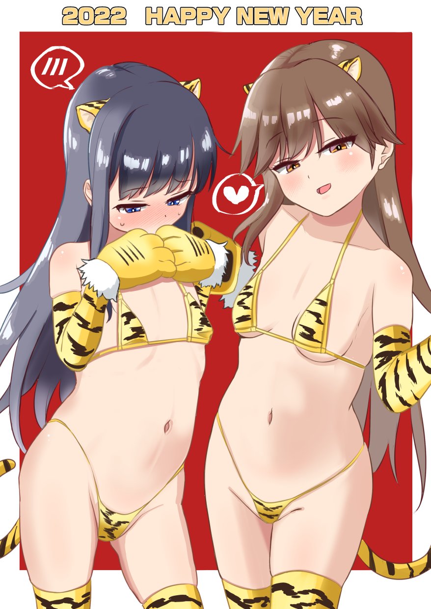 animal_ears animal_hands animal_print arashio_(kantai_collection) asashio_(kantai_collection) bikini black_hair blue_eyes blush brown_hair commentary_request english_text eyebrows_visible_through_hair female heart highres kantai_collection long_hair micro_bikini orange_eyes red_background sepek_3 sidelocks speech_bubble sweat swimsuit tail thighhighs tiger_ears tiger_print tiger_tail yellow_footwear