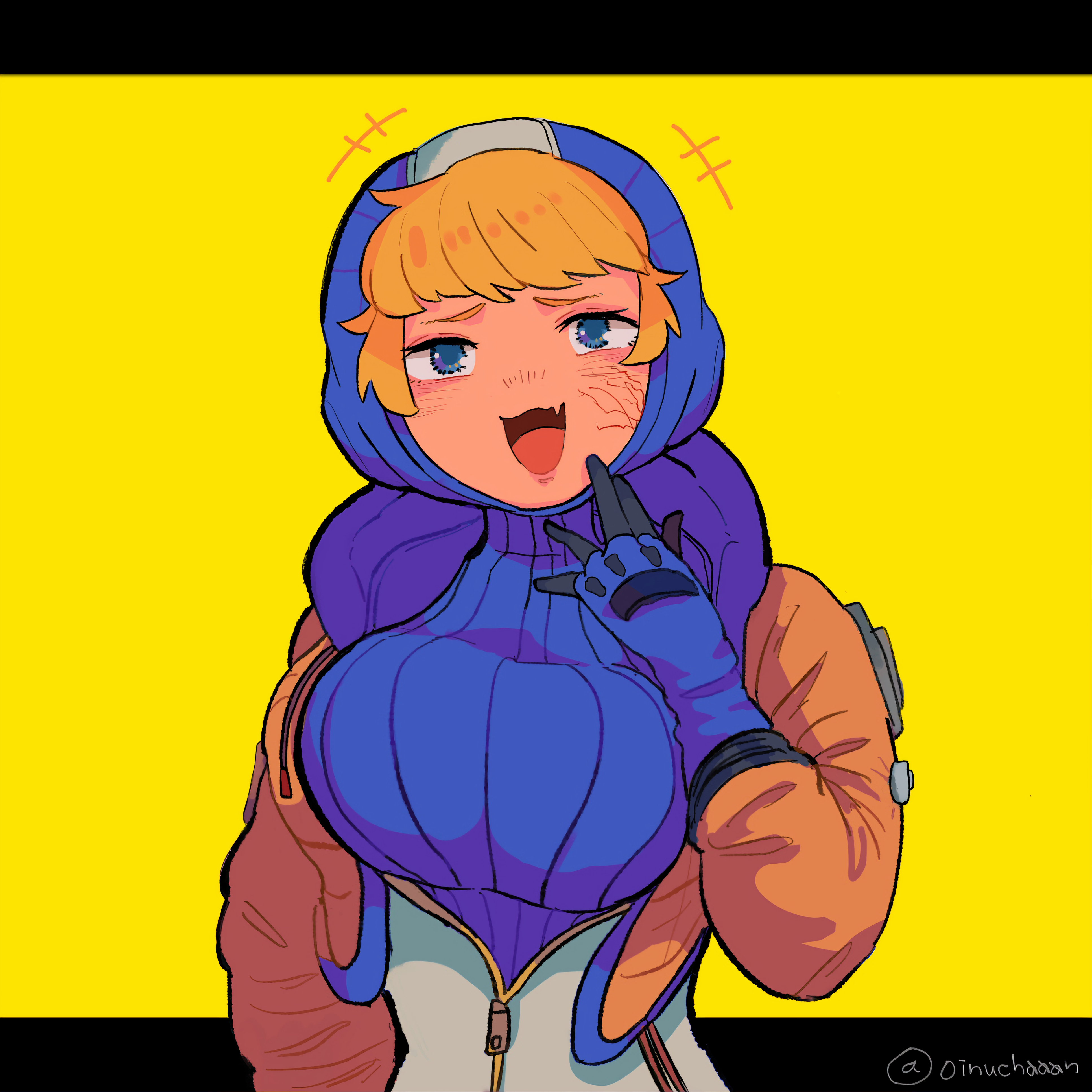 apex legends, big breasts, blush, breast hold, breast squeeze, breast squish, breasts, bursting breasts, bursting clothes, female, jumpsuit, laugh, laughing, lichtenberg figure, looking at another, outgrowing clothes, scar, simple background, skin tight, skin tight suit, stretched clothing, thick, thick hips, tight clothes, tight clothing, tights, wattson (apex legends)