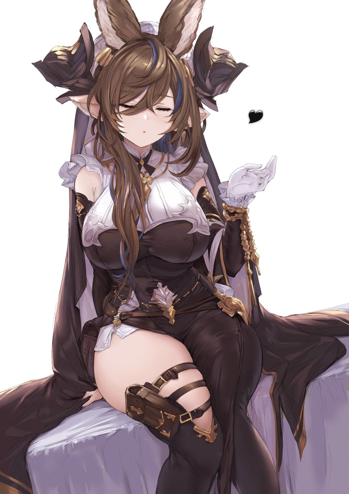 1girls akita_hika animal_ears bangs bare_shoulders black_dress black_legwear blush breasts brown_hair closed_eyes detached_sleeves dress extra_ears eyebrows_visible_through_hair female galleon_(granblue_fantasy) granblue_fantasy heart high_resolution horns large_breasts long_hair long_sleeves pointy_ears simple_background solo thick_thighs thighs very_high_resolution very_long_hair white_background