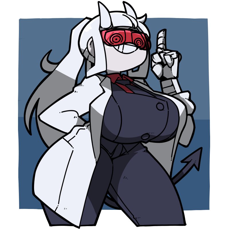 1girls demon demon_tail female female_focus female_only helltaker horns huge_breasts labcoat looking_down loremaster_(helltaker) omoitukan2 red-tinted_eyewear red_glasses smiling solo_female sunglasses tinted_eyewear visor