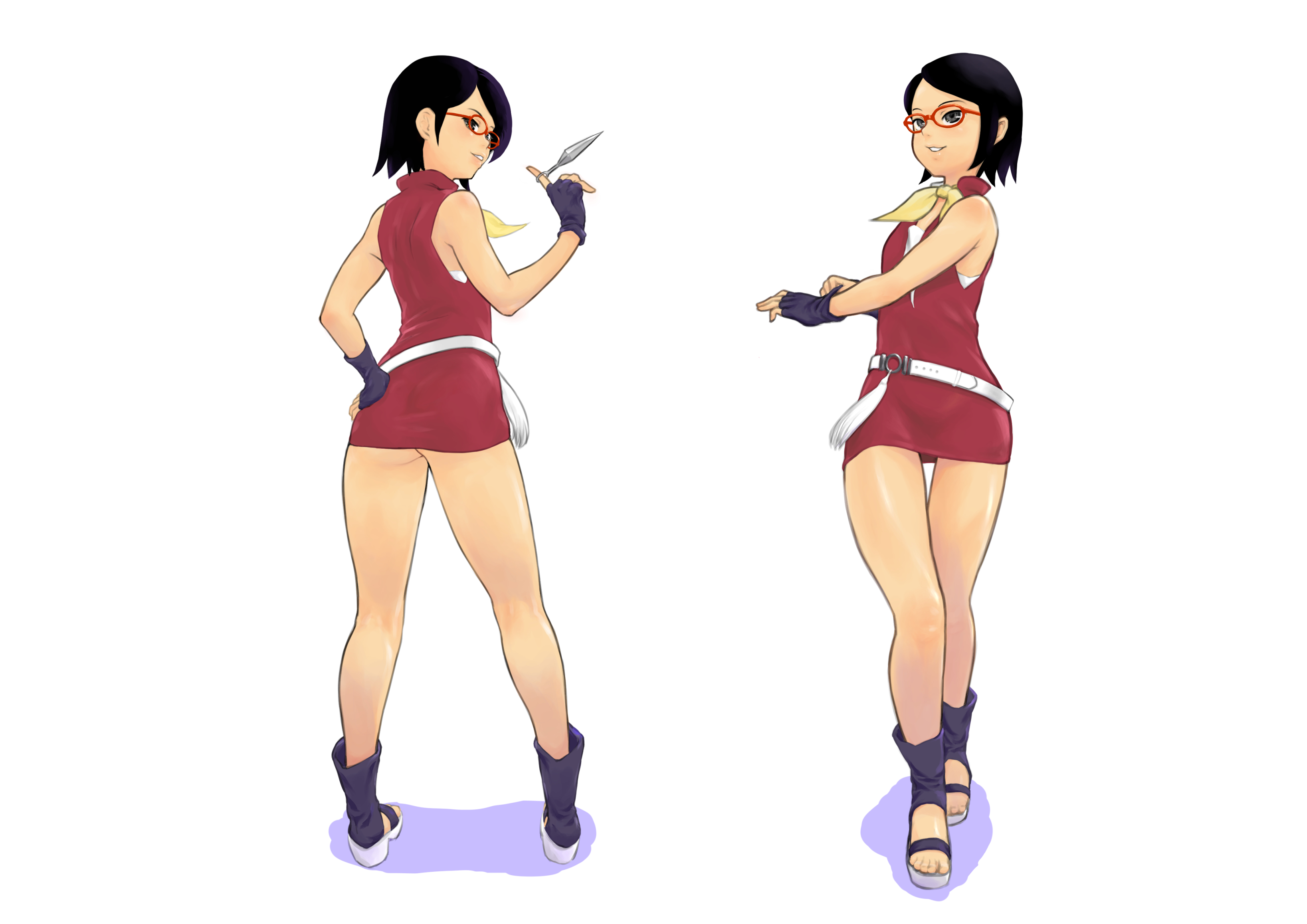 1girls, alternate costume, artist request, ass, ass focus, bare legs, bare shoulders, belt, black eyes, black gloves, black hair, boruto: naruto next generations, clothed, clothing, dress, feet, female, female focus, female only, fingerless gloves, flat chest, footwear, fully clothed, glasses, gloves, heels, kunai, legs, light skin, light-skinned female, long legs, looking at viewer, looking back, naruto, naruto (series), no panties, open toe shoes, petite, pose, posing, sandals, sarada uchiha, short dress, shounen jump, skimpy, skimpy clothes, skimpy dress, sleeveless dress, solo, solo female, solo focus, standing, thighs, toes, voluptuous, weapon, wide hips