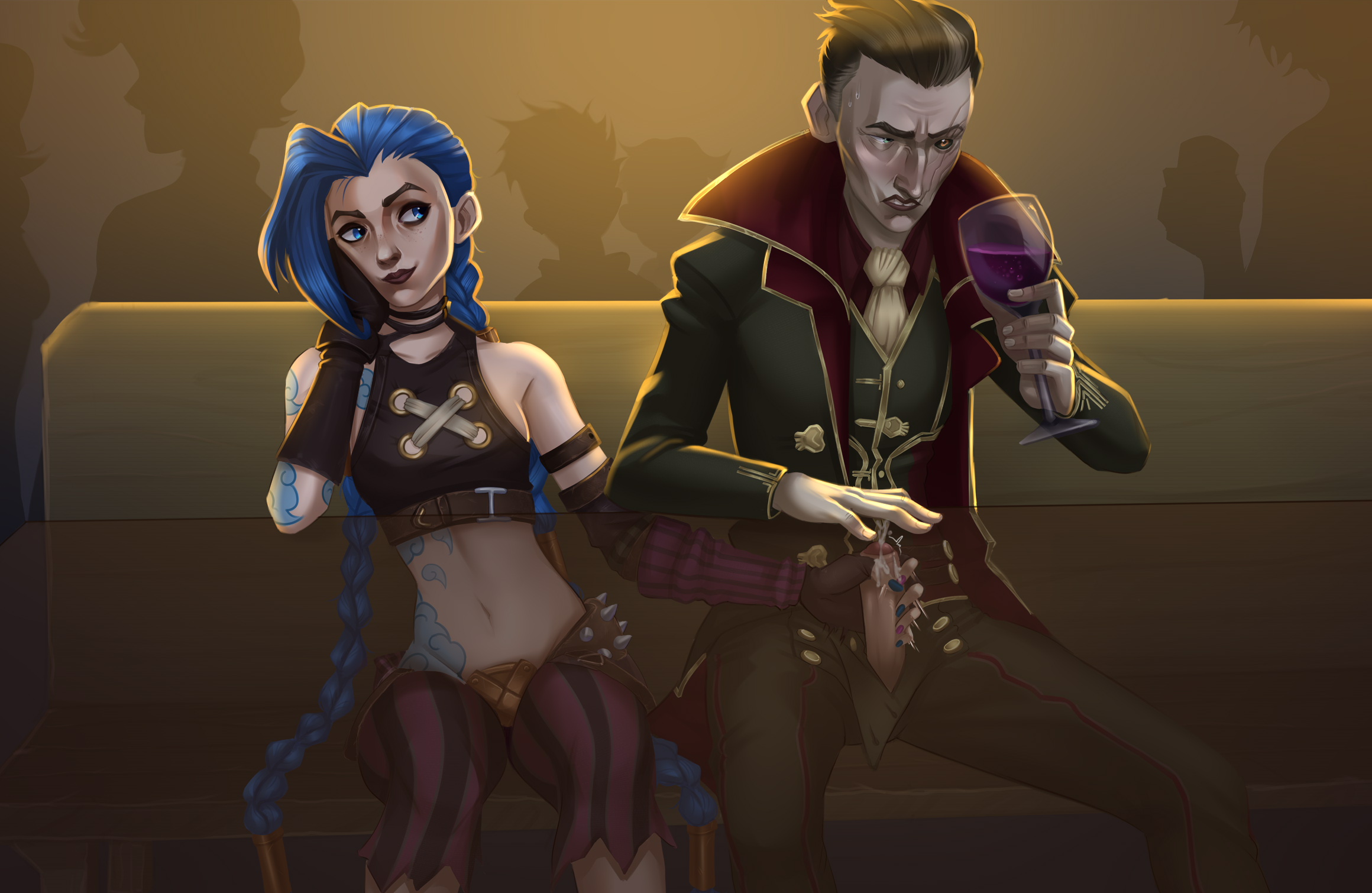 1boy, 1girls, arcane, arcane jinx, black hair, blue eyes, blue hair, coat, cum, cumming, female, fingerless gloves, glass, gloves, incest, jinx (league of legends), league of legends, light skin, light-skinned female, light-skinned male, male, red eyes, riot games, silco (arcane), sinneronshimmer, stealth handjob, step-incest, tattoo, tattoo on arm, tattoo on belly, tattooed arm, under the table, wine, wine glass, wrinkles