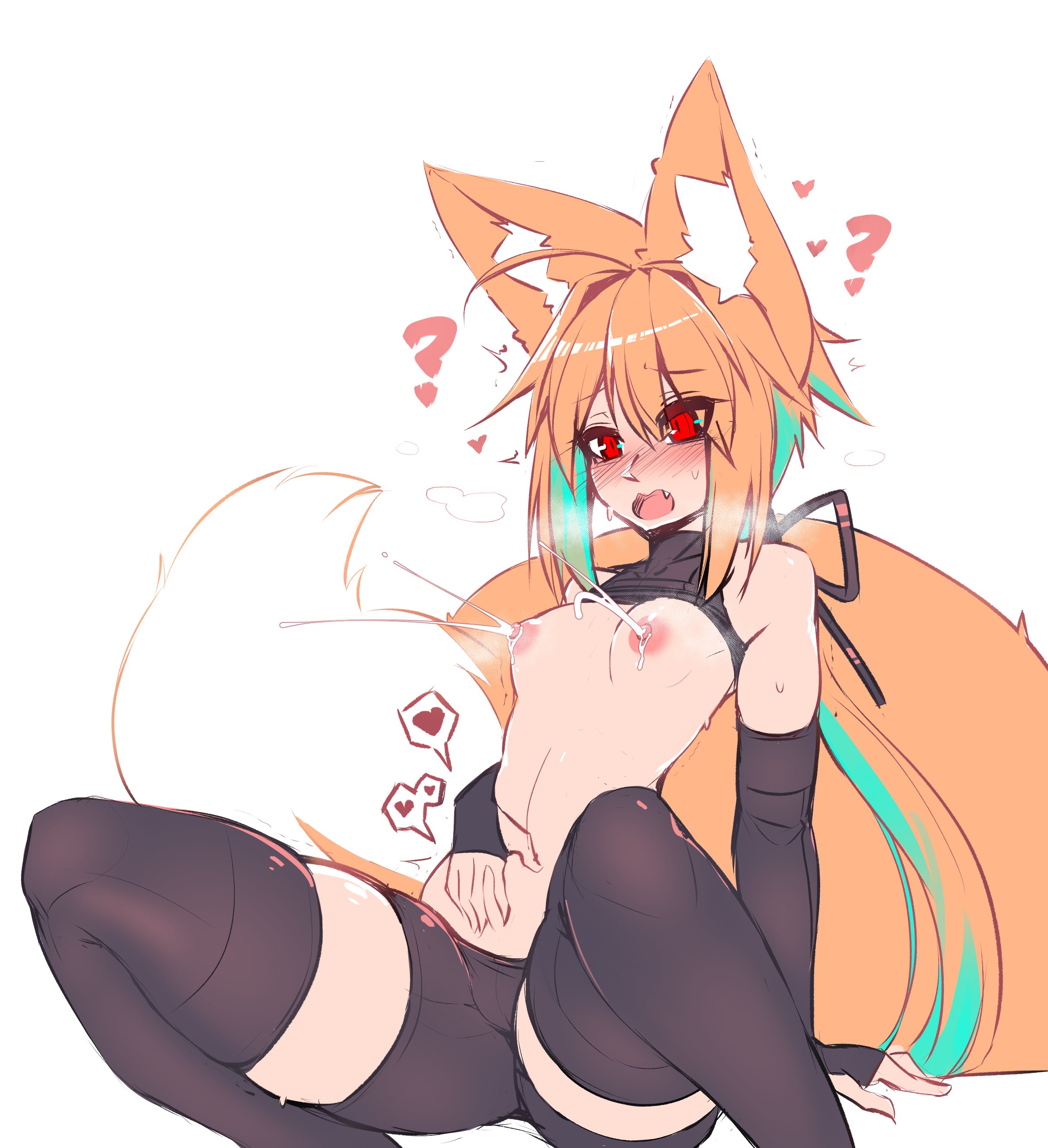 animal ear fluff, animal ears, breasts, bridal gauntlets, completely nude, ear piercing, elbow gloves, eyebrows visible through hair, female, fox ears, fox tail, gloves, hair between eyes, large tail, long hair, nipples, nude, open mouth, orange hair, original, piercing, red eyes, small breasts, sub-res, suzu (sub-res), tail, thighhighs