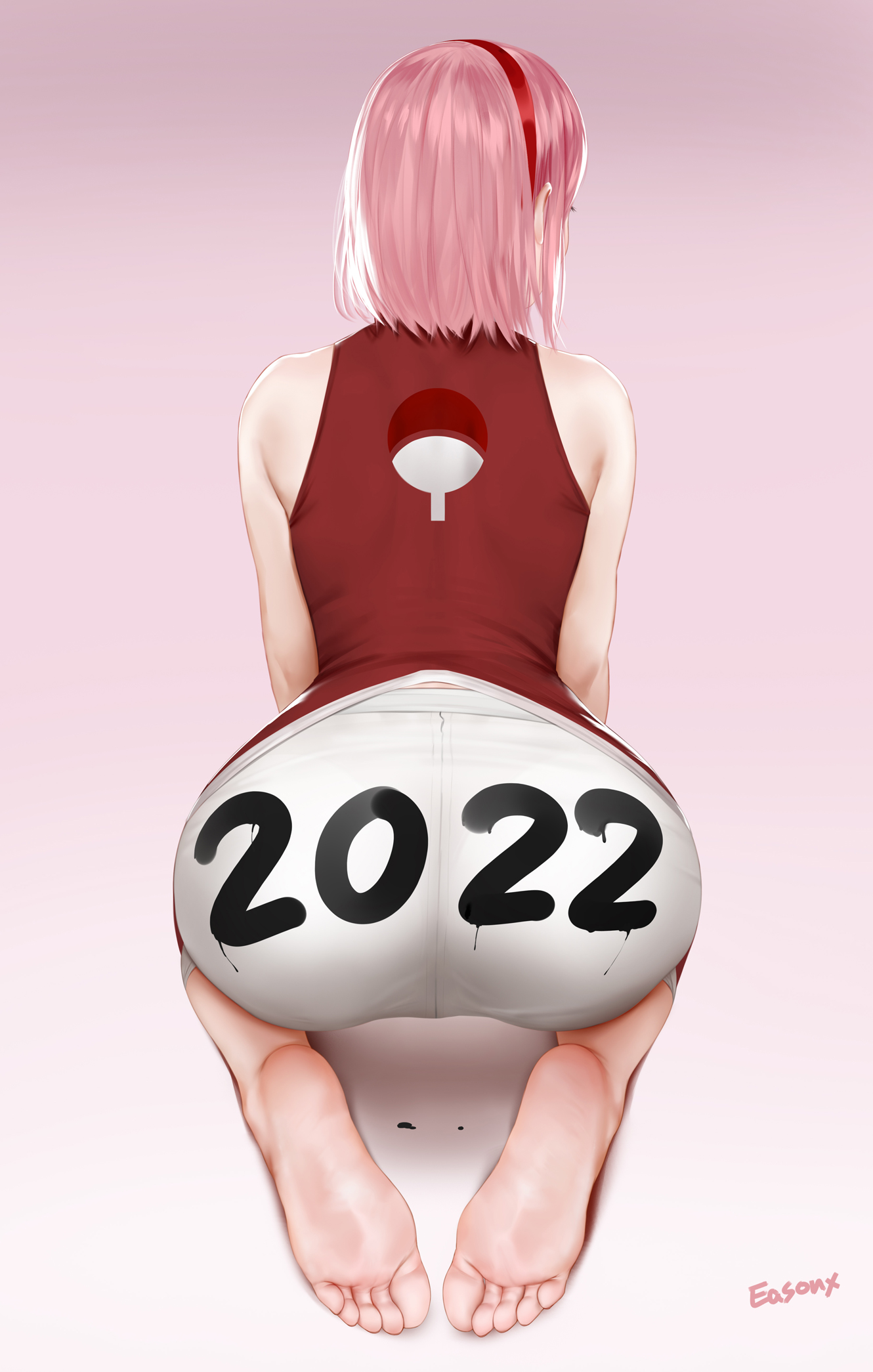 1girls, 2022, alternate version available, ass, ass focus, back view, bare shoulders, barefoot, big ass, big butt, bob cut, boruto: naruto next generations, bubble ass, bubble butt, curvaceous, curvy, curvy figure, easonx, feet, female, female focus, female only, foot fetish, foot focus, hairband, highres, huge ass, jeans, kneeling, large ass, light skin, light-skinned female, mature, mature female, medium hair, milf, naruto, naruto (series), new year, on knees, pale skin, pale-skinned female, pink hair, presenting ass, presenting feet, realistic, sakura haruno, shoulder length hair, shounen jump, sleeveless, sleeveless shirt, soles, solo, solo female, solo focus, text, tight clothing, tight pants, toes, voluptuous, white jeans, wide hips
