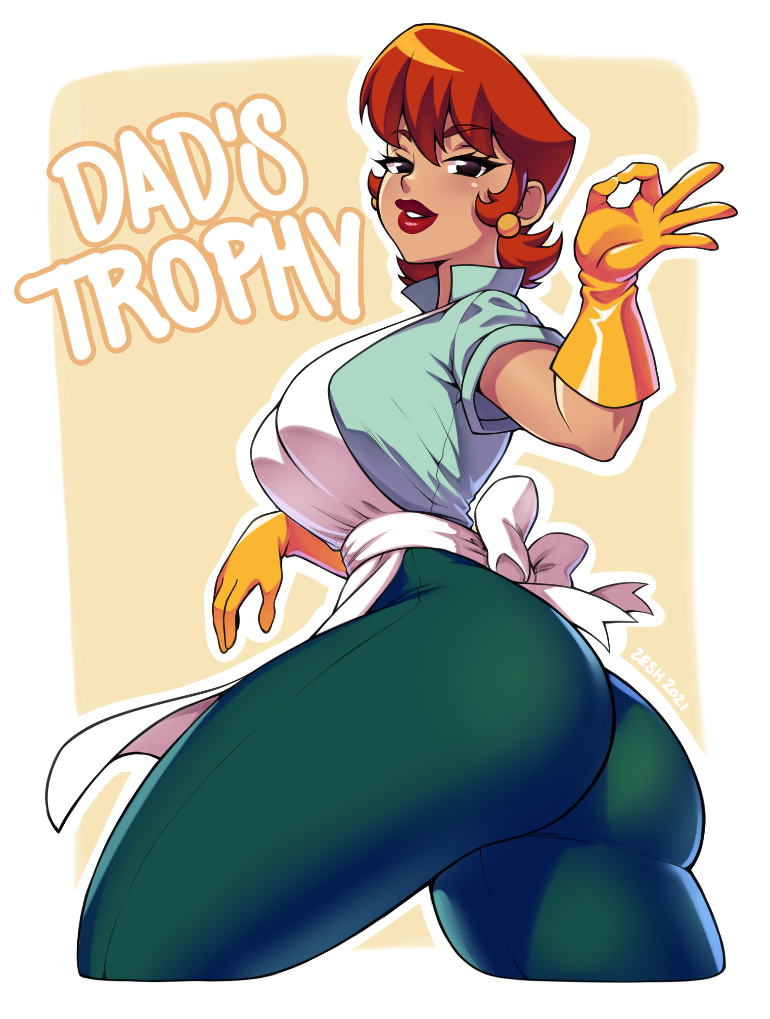 1girls, apron, ass, big ass, boobs and butt pose, breasts, clothed, dexter's laboratory, dexter's mom, earrings, female, female only, gloves, latex, latex gloves, lipstick, looking at viewer, milf, ok sign, red hair, rubber gloves, short hair, smile, solo, text, tight clothing, tight pants, yellow gloves, zeshgolden