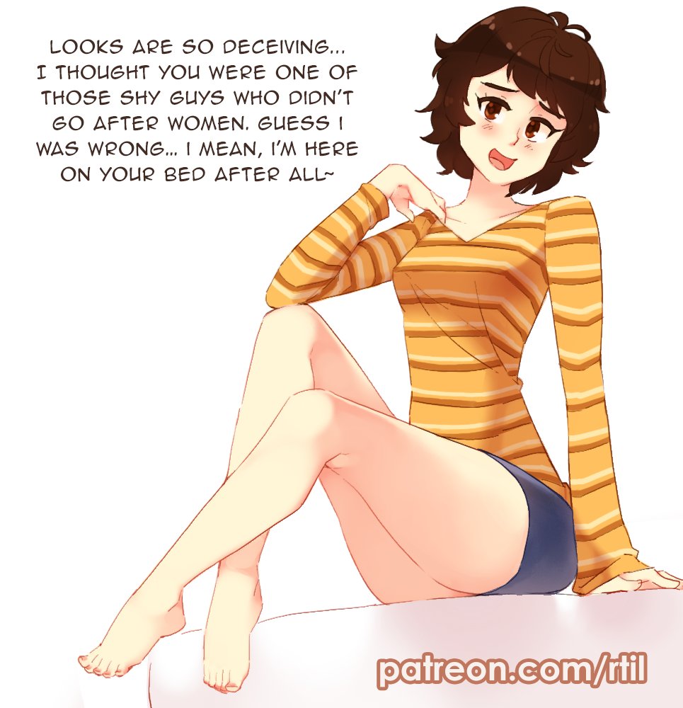 2022, atlus, barefoot, brown eyes, brown hair, clothed, clothing, feet, female, human, looking at viewer, on bed, pale skin, persona, persona 5, plain background, rtil, sadayo kawakami, smile, teacher, watermark