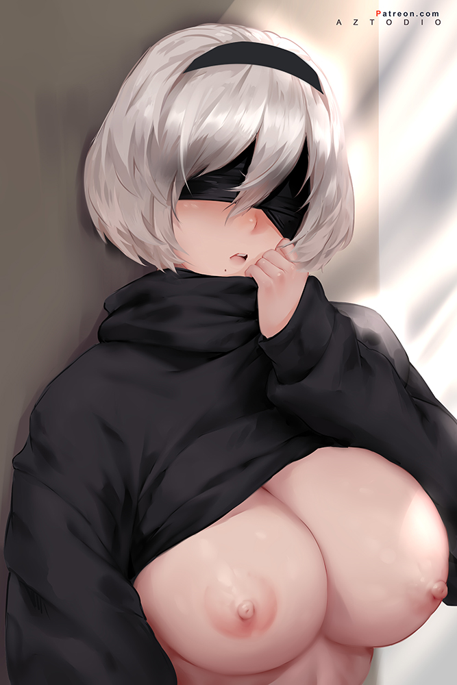1girls, areolae, azto dio, bangs, big breasts, blindfold, blush, breasts, female, female only, hairband, large breasts, long sleeves, looking at viewer, nier (series), nier: automata, nipples, open mouth, short hair, sweater, sweater up, turtleneck, white hair, yorha 2b