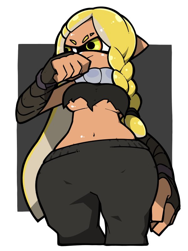 animal_humanoid anthro braid cephalopod cephalopod_humanoid clothed female female_only humanoid inkling inkling_girl mask_(marking) new_agent_3_(splatoon) nintendo no_bra omoitukan2 pointy_ears pseudo_hair ragged_clothing splatoon splatoon_(series) splatoon_3 squid sweatpants tanned tentacle tentacle_hair thick_thighs underboob veronika_(splatoon) yellow_eyes yellow_hair